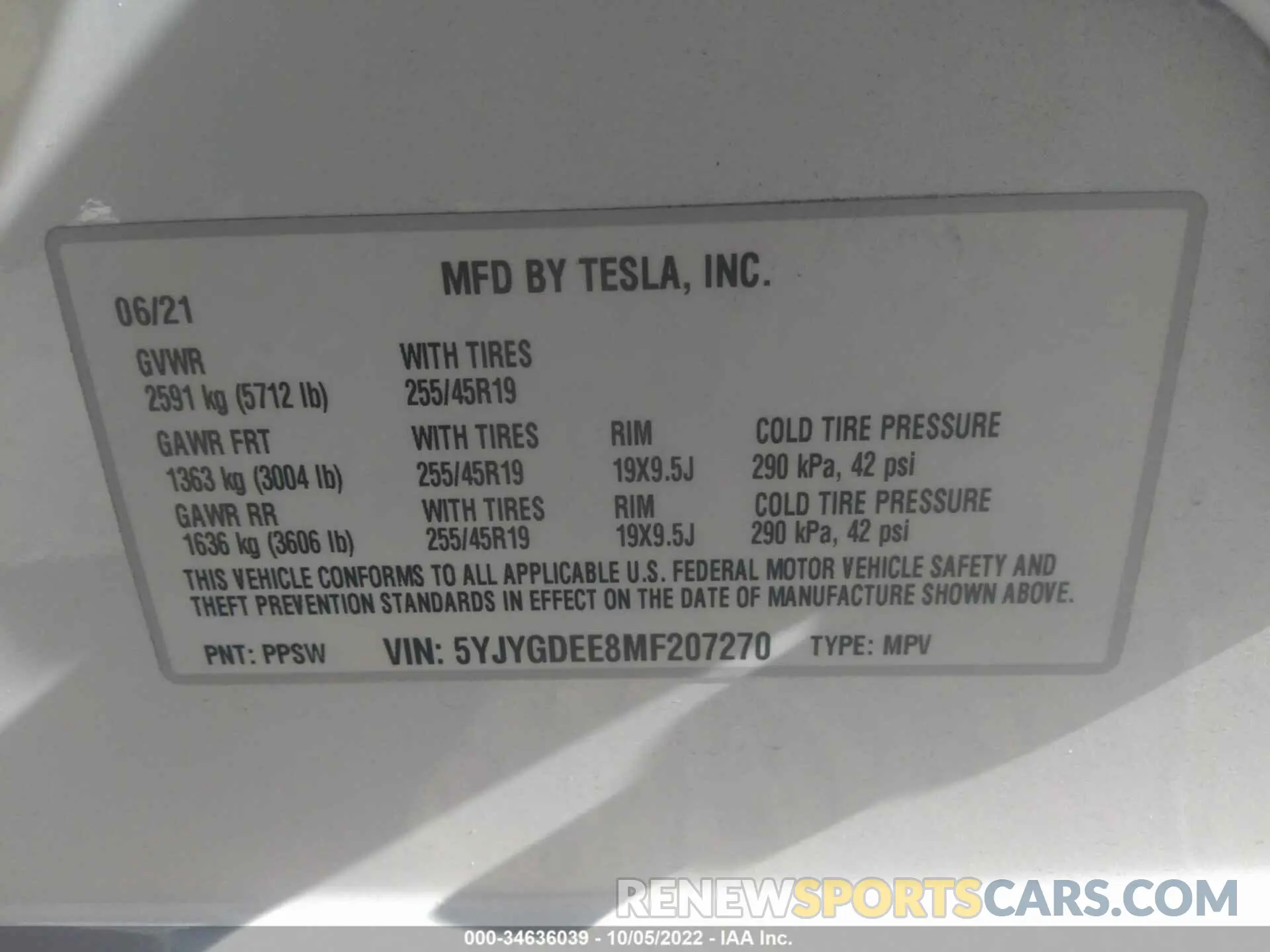 9 fotografías del automóvil dañado 5YJYGDEE8MF207270 TESLA MODEL Y 2021