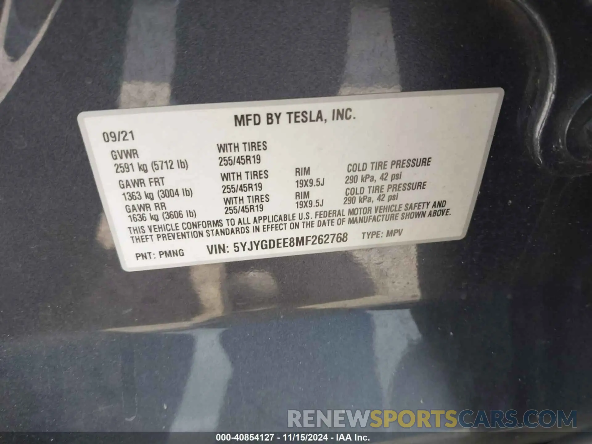 9 fotografías del automóvil dañado 5YJYGDEE8MF262768 TESLA MODEL Y 2021