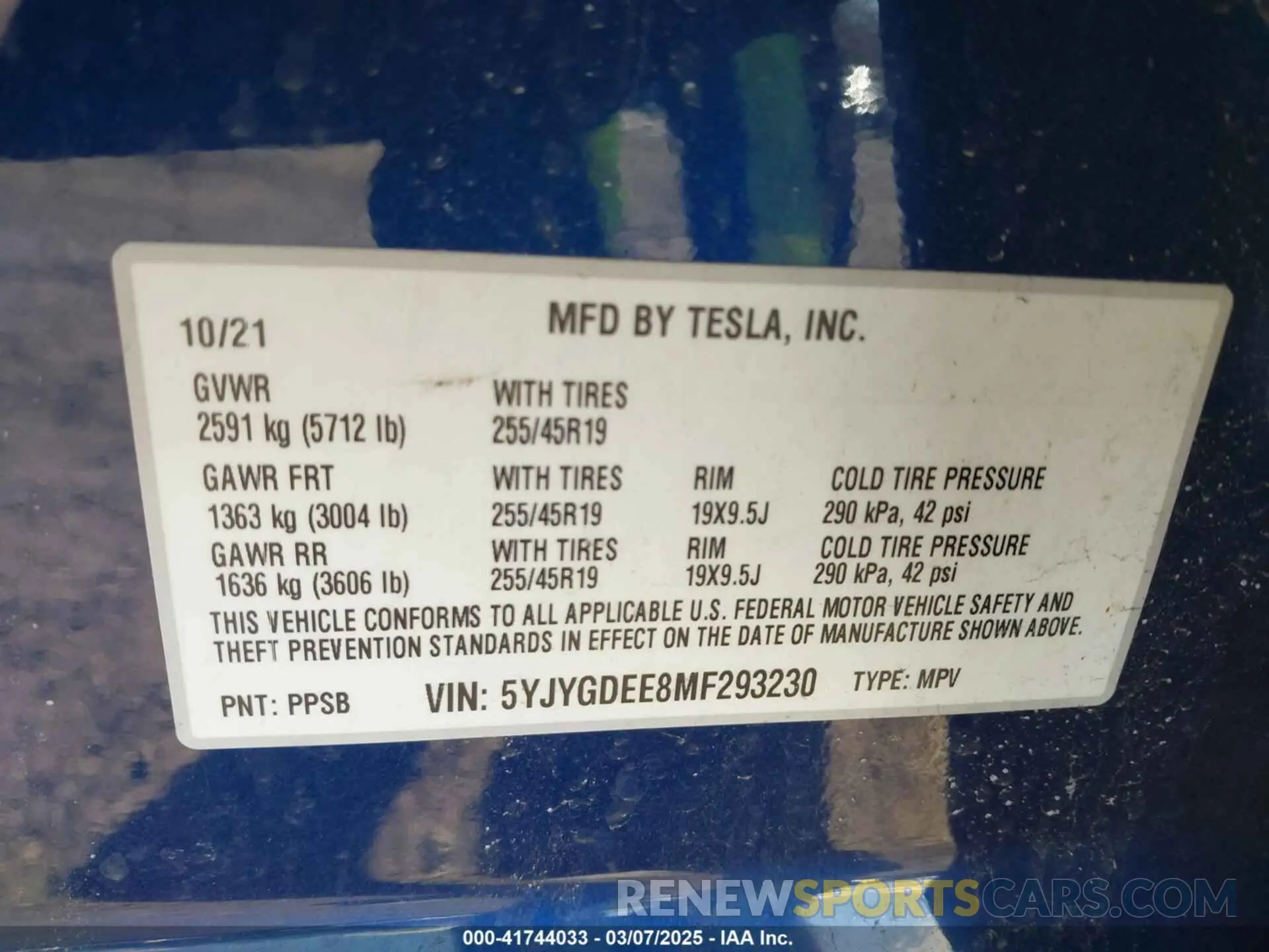 9 fotografías del automóvil dañado 5YJYGDEE8MF293230 TESLA MODEL Y 2021