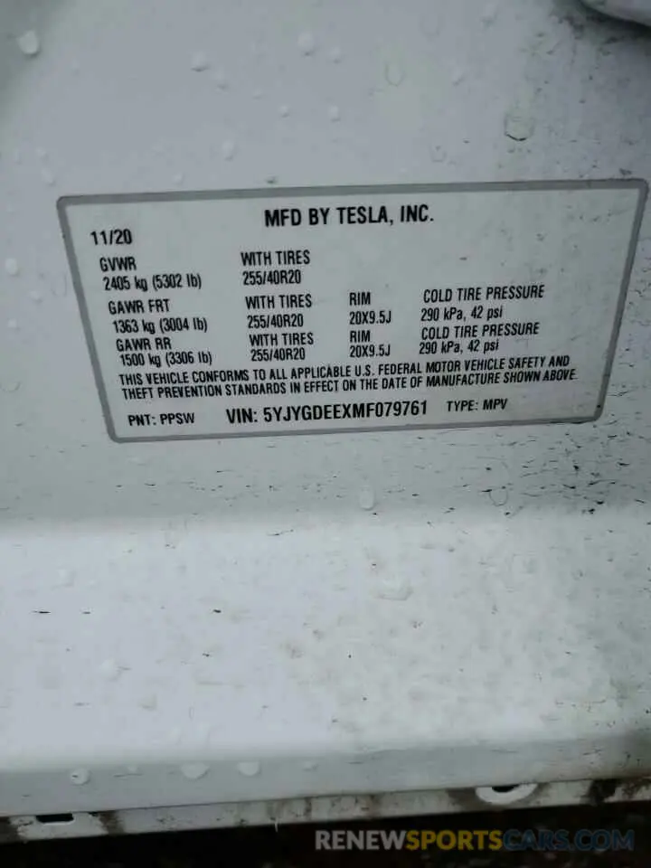 14 fotografías del automóvil dañado 5YJYGDEEXMF079761 TESLA MODEL Y 2021