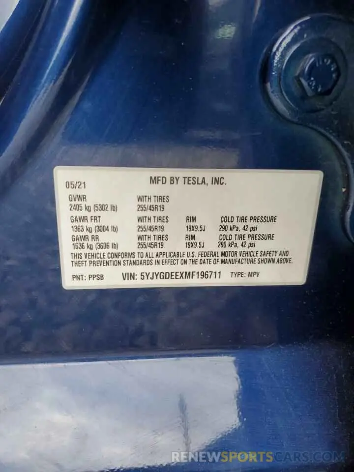 14 fotografías del automóvil dañado 5YJYGDEEXMF196711 TESLA MODEL Y 2021