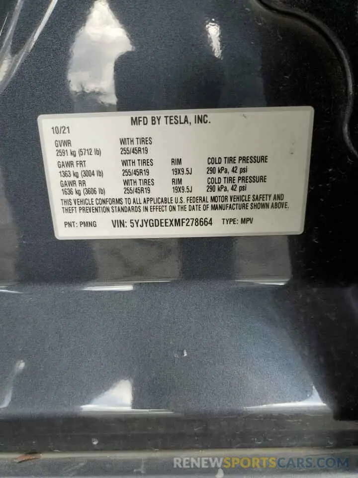 15 fotografías del automóvil dañado 5YJYGDEEXMF278664 TESLA MODEL Y 2021