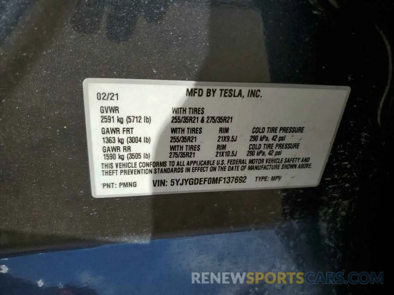 12 fotografías del automóvil dañado 5YJYGDEF0MF137692 TESLA MODEL Y 2021