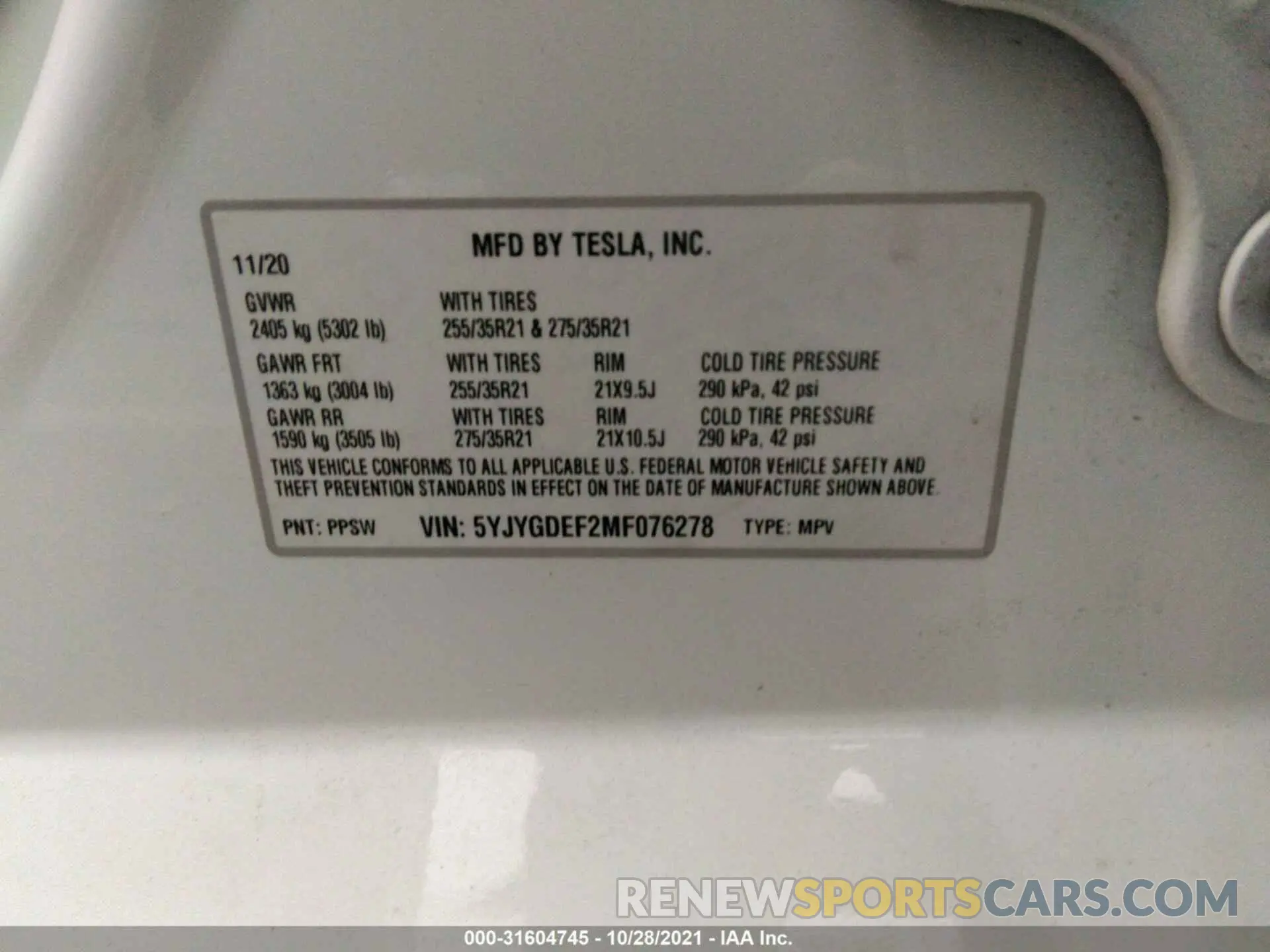 9 fotografías del automóvil dañado 5YJYGDEF2MF076278 TESLA MODEL Y 2021