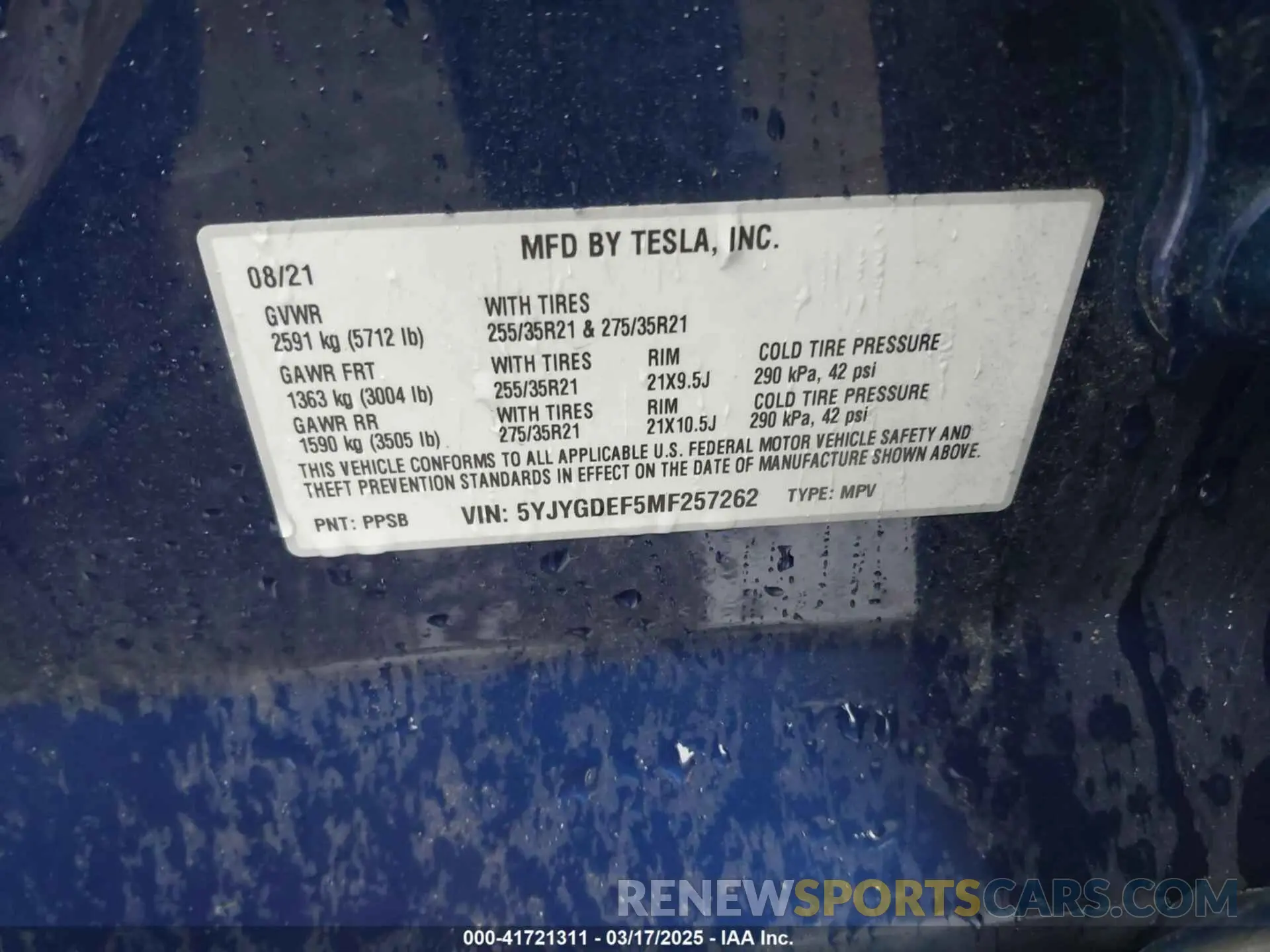 9 fotografías del automóvil dañado 5YJYGDEF5MF257262 TESLA MODEL Y 2021