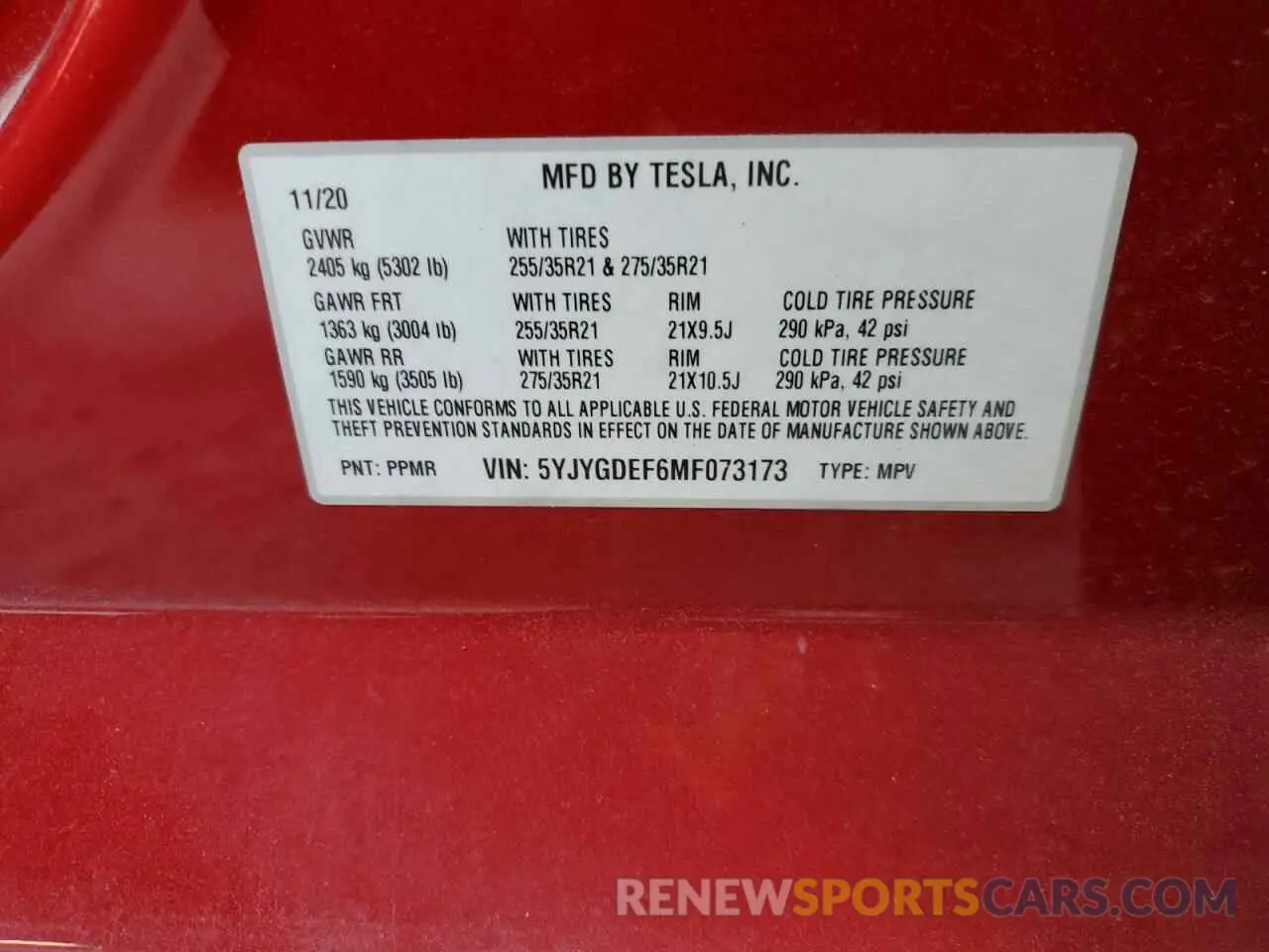 10 fotografías del automóvil dañado 5YJYGDEF6MF073173 TESLA MODEL Y 2021