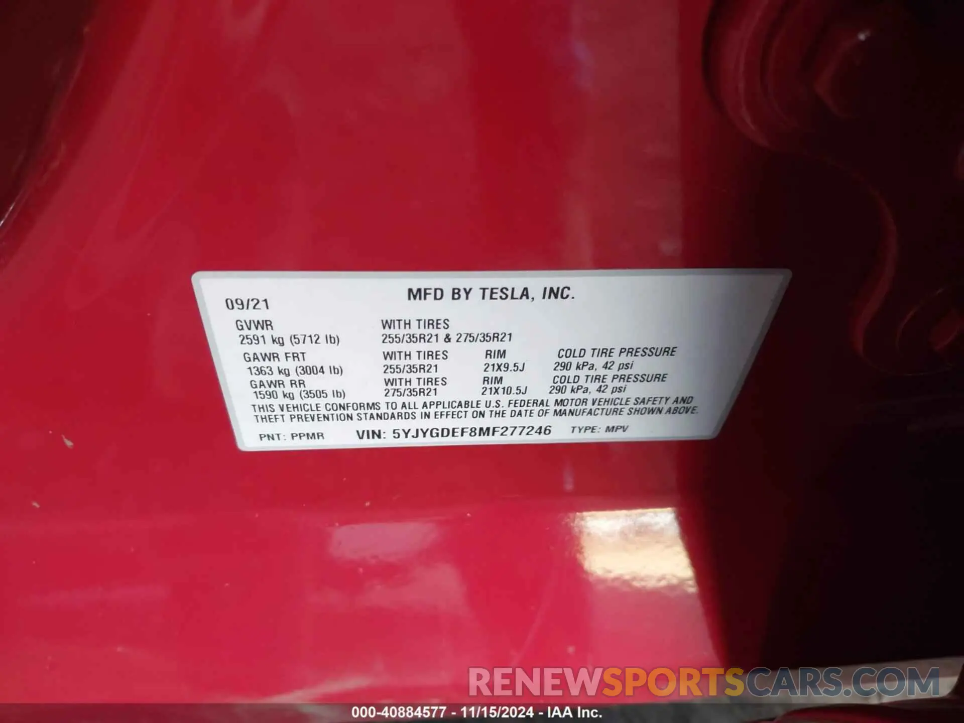 9 fotografías del automóvil dañado 5YJYGDEF8MF277246 TESLA MODEL Y 2021