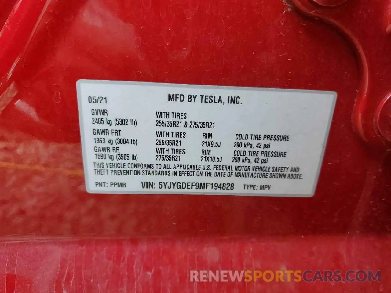 10 fotografías del automóvil dañado 5YJYGDEF9MF194828 TESLA MODEL Y 2021