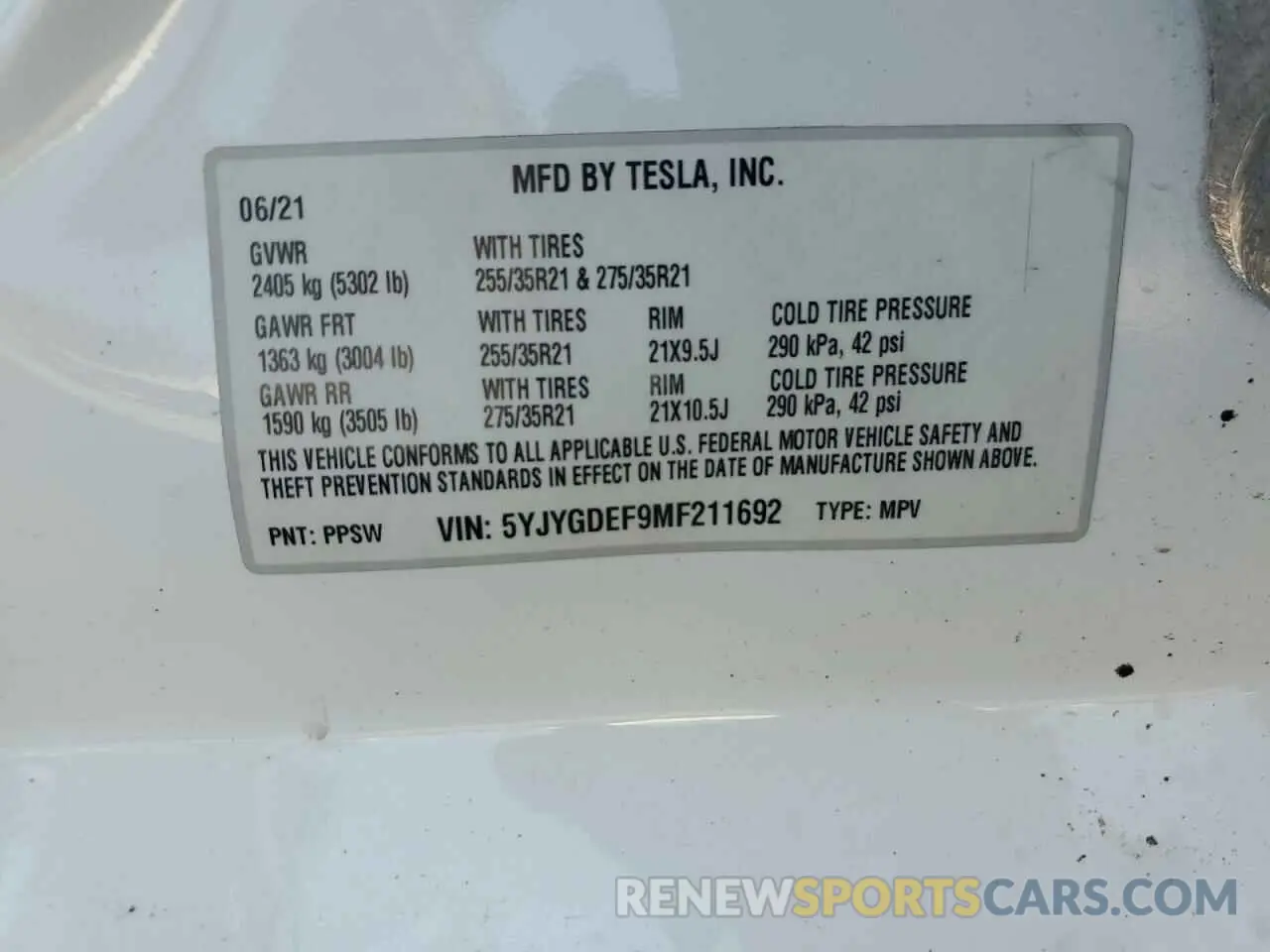 13 fotografías del automóvil dañado 5YJYGDEF9MF211692 TESLA MODEL Y 2021