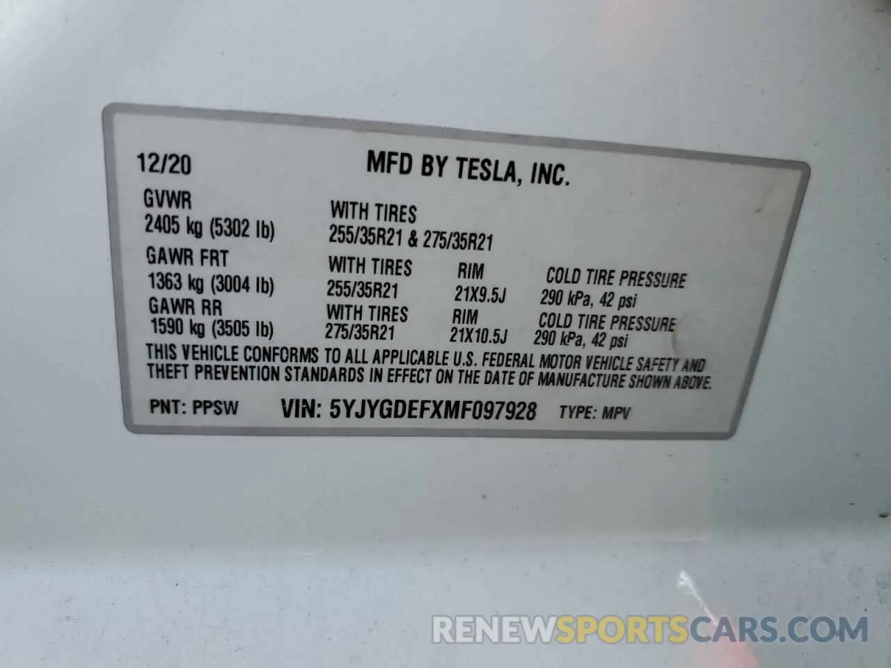 12 fotografías del automóvil dañado 5YJYGDEFXMF097928 TESLA MODEL Y 2021