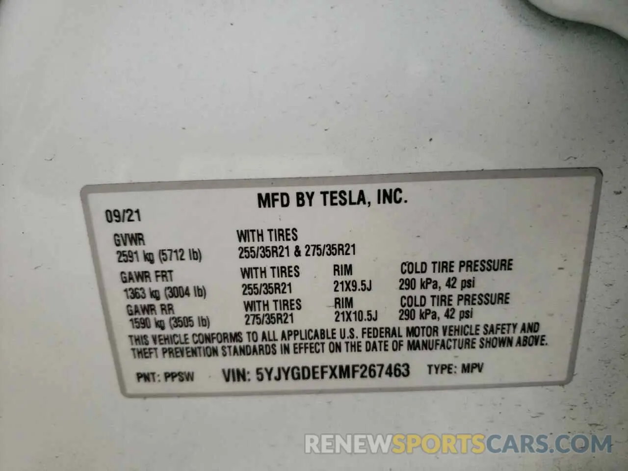 10 fotografías del automóvil dañado 5YJYGDEFXMF267463 TESLA MODEL Y 2021