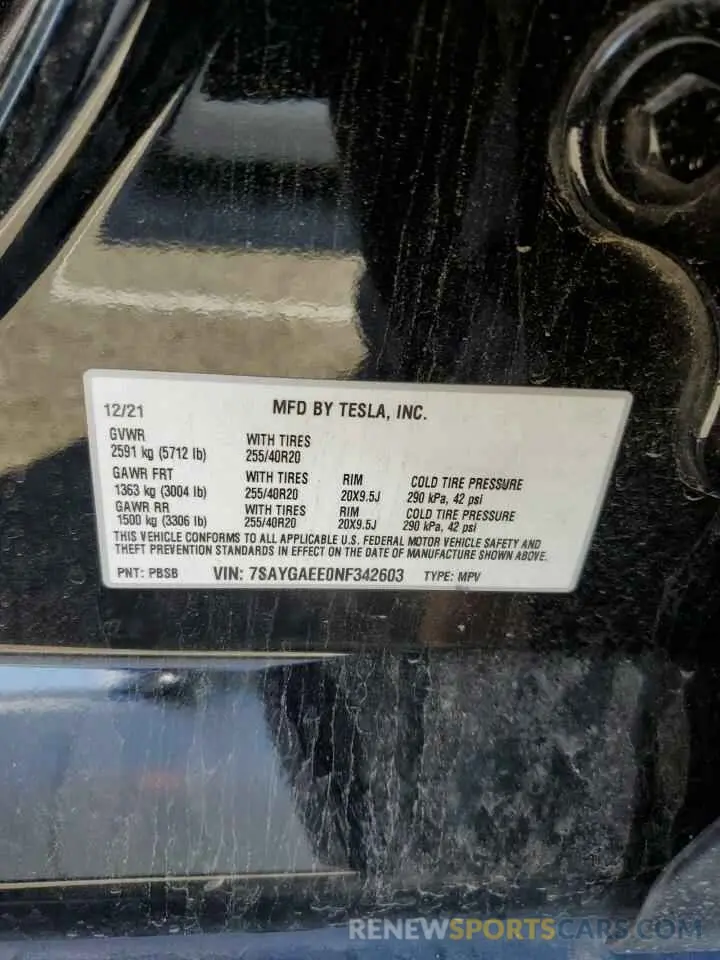 13 fotografías del automóvil dañado 7SAYGAEE0NF342603 TESLA MODEL Y 2022