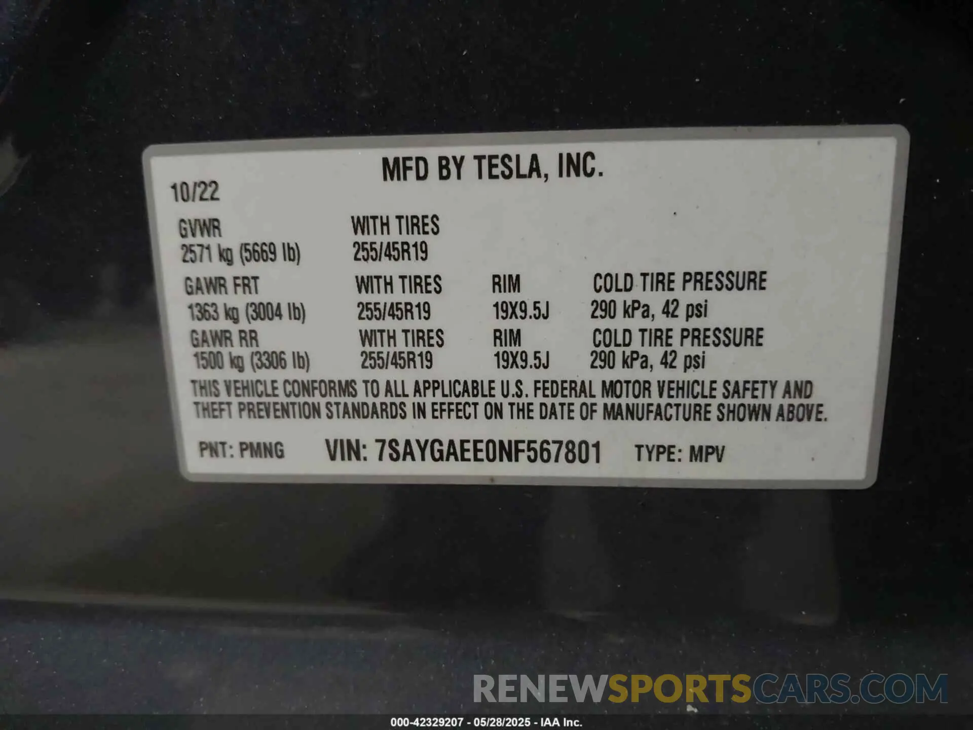 9 fotografías del automóvil dañado 7SAYGAEE0NF567801 TESLA MODEL Y 2022