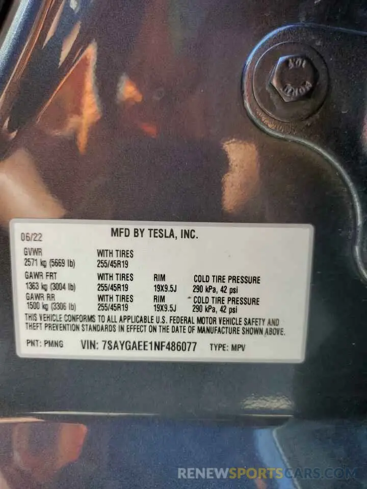 14 fotografías del automóvil dañado 7SAYGAEE1NF486077 TESLA MODEL Y 2022