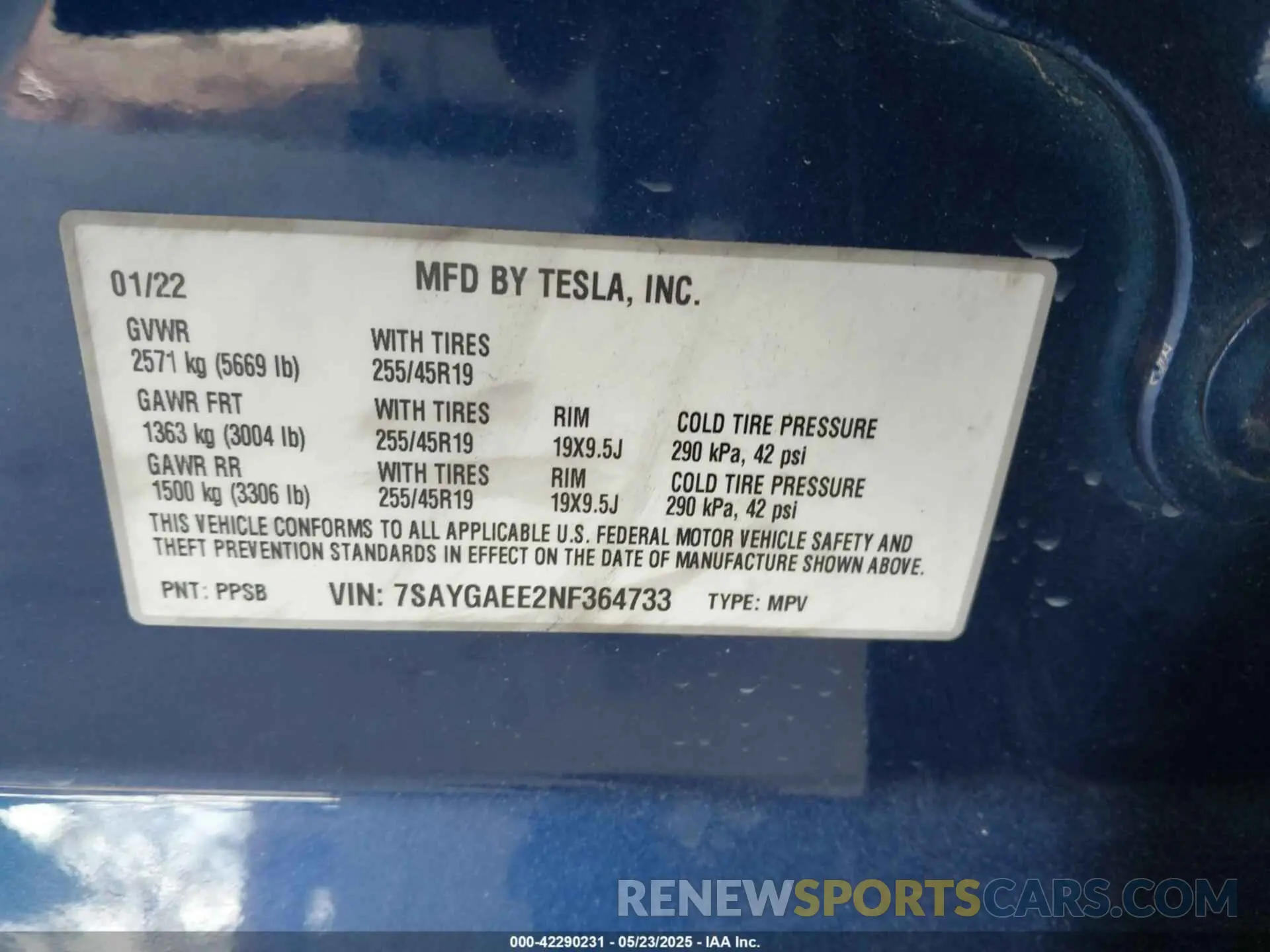 9 fotografías del automóvil dañado 7SAYGAEE2NF364733 TESLA MODEL Y 2022