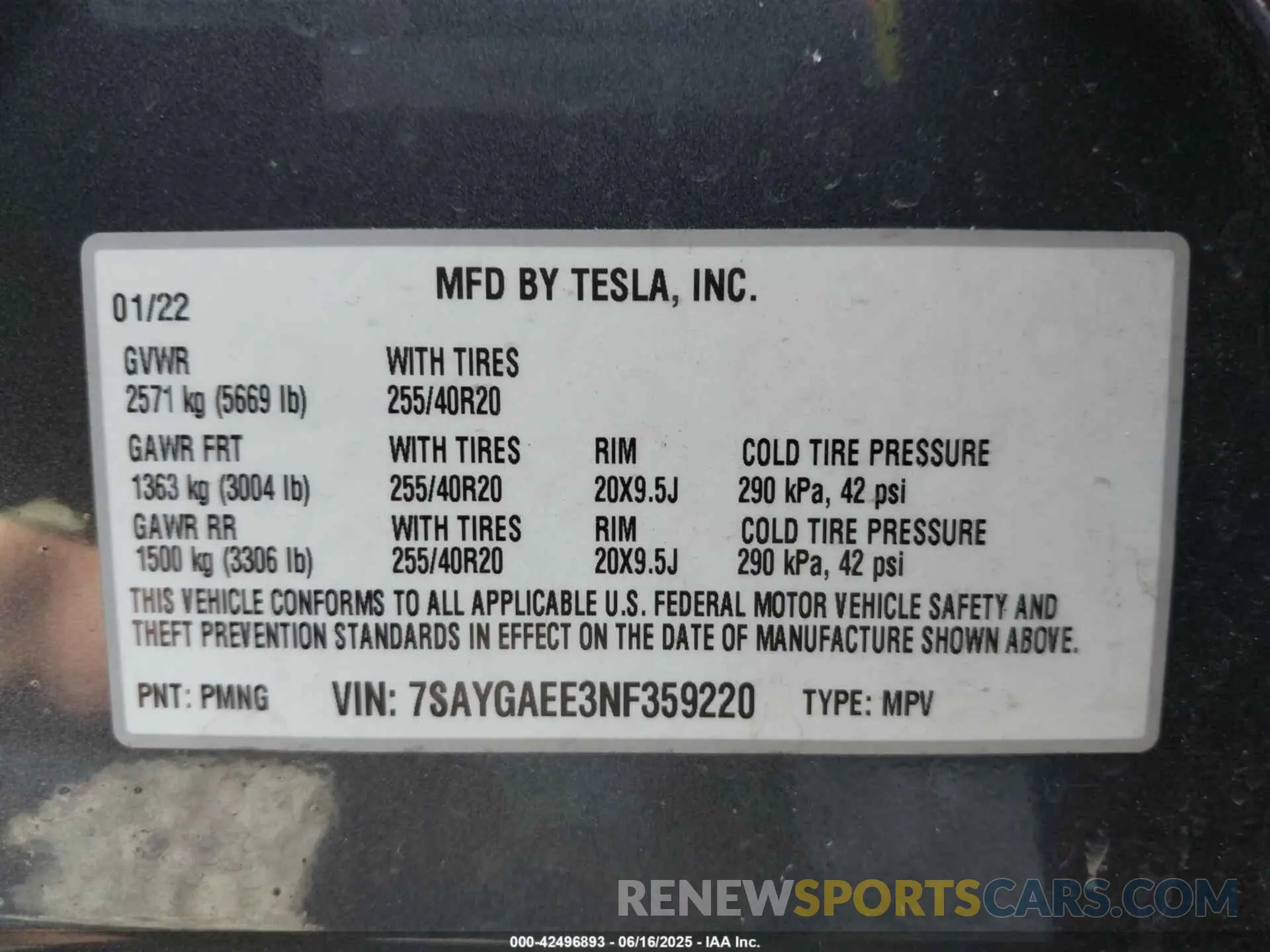 9 fotografías del automóvil dañado 7SAYGAEE3NF359220 TESLA MODEL Y 2022
