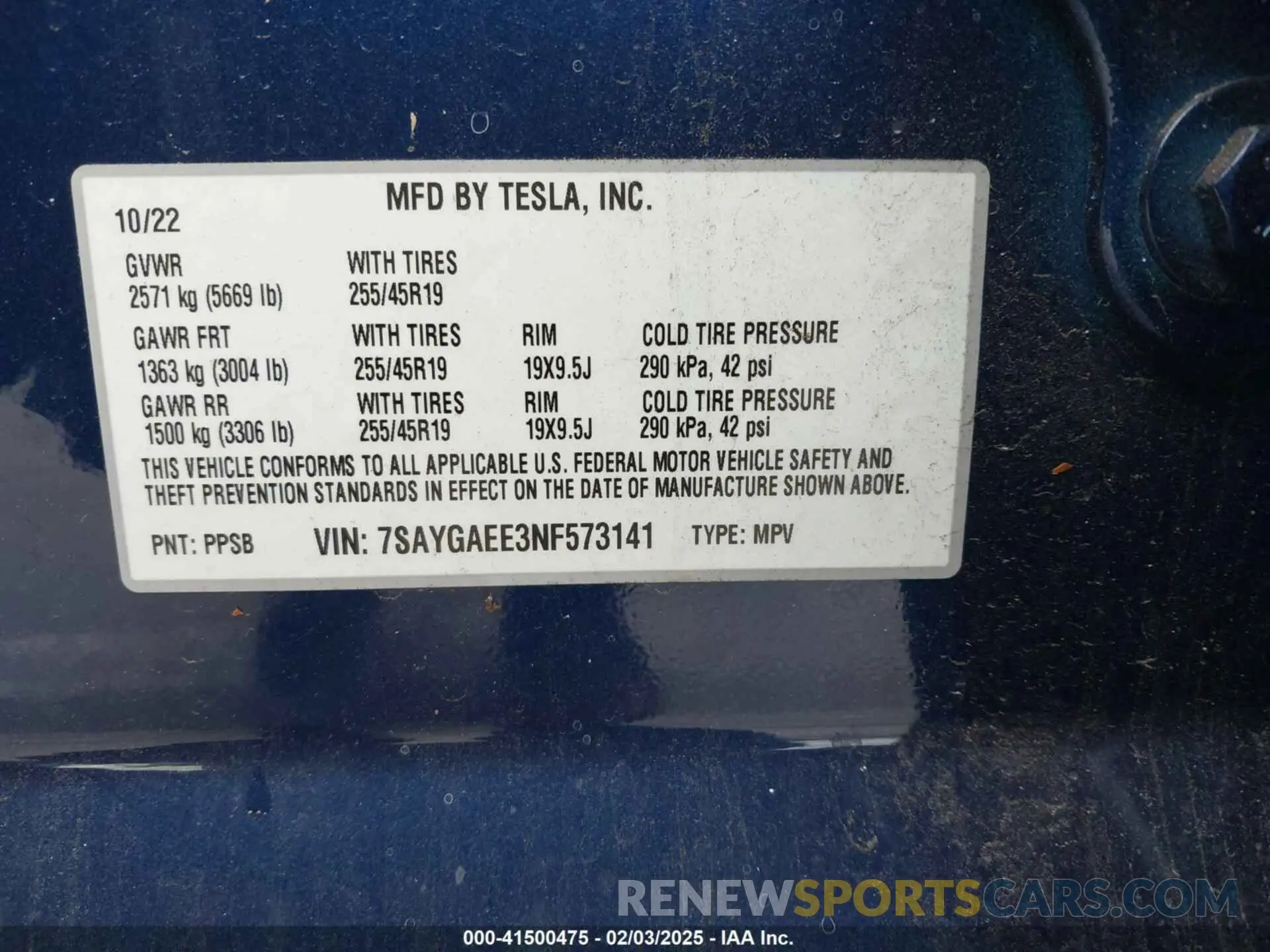 9 fotografías del automóvil dañado 7SAYGAEE3NF573141 TESLA MODEL Y 2022