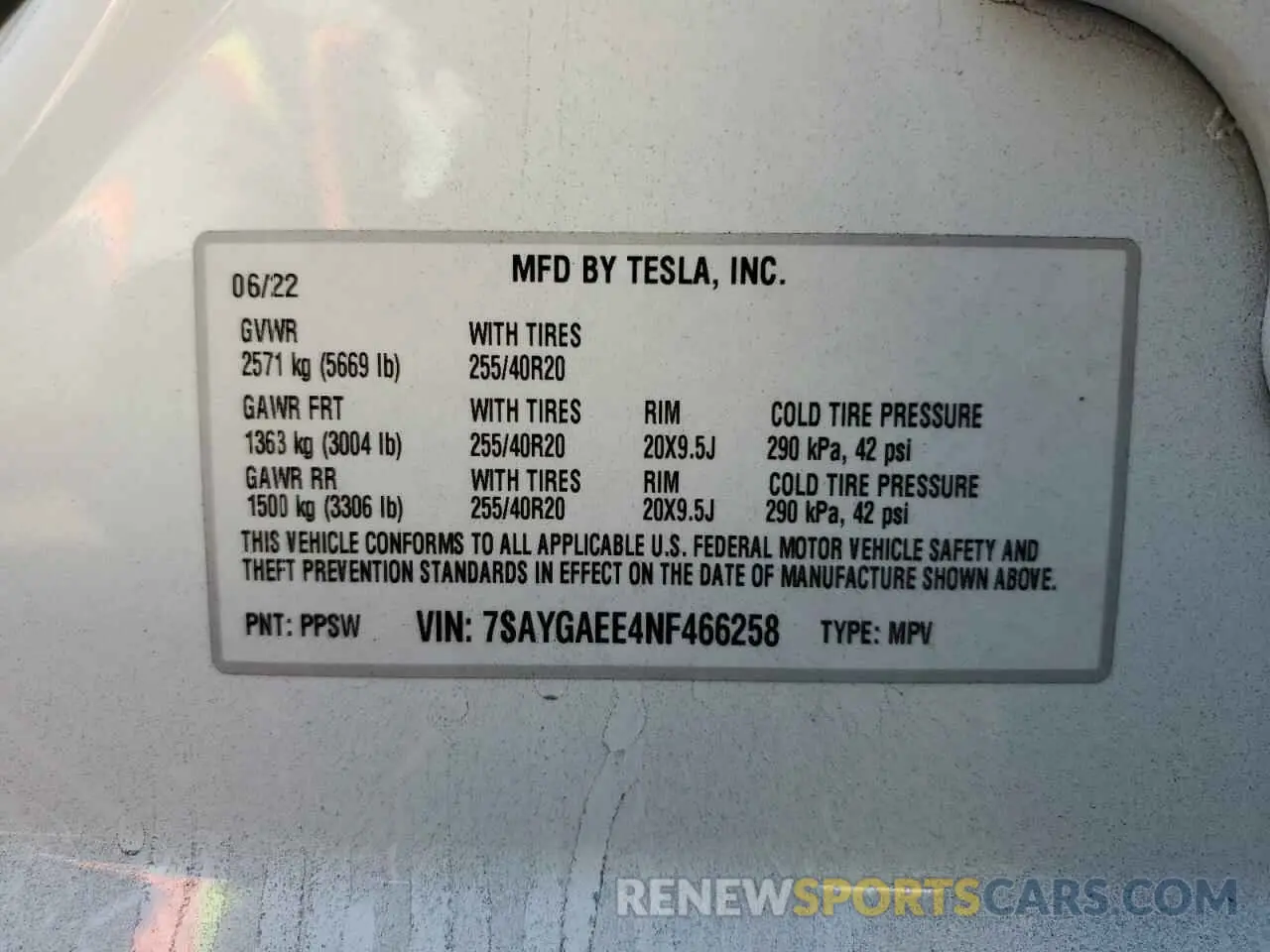 10 fotografías del automóvil dañado 7SAYGAEE4NF466258 TESLA MODEL Y 2022
