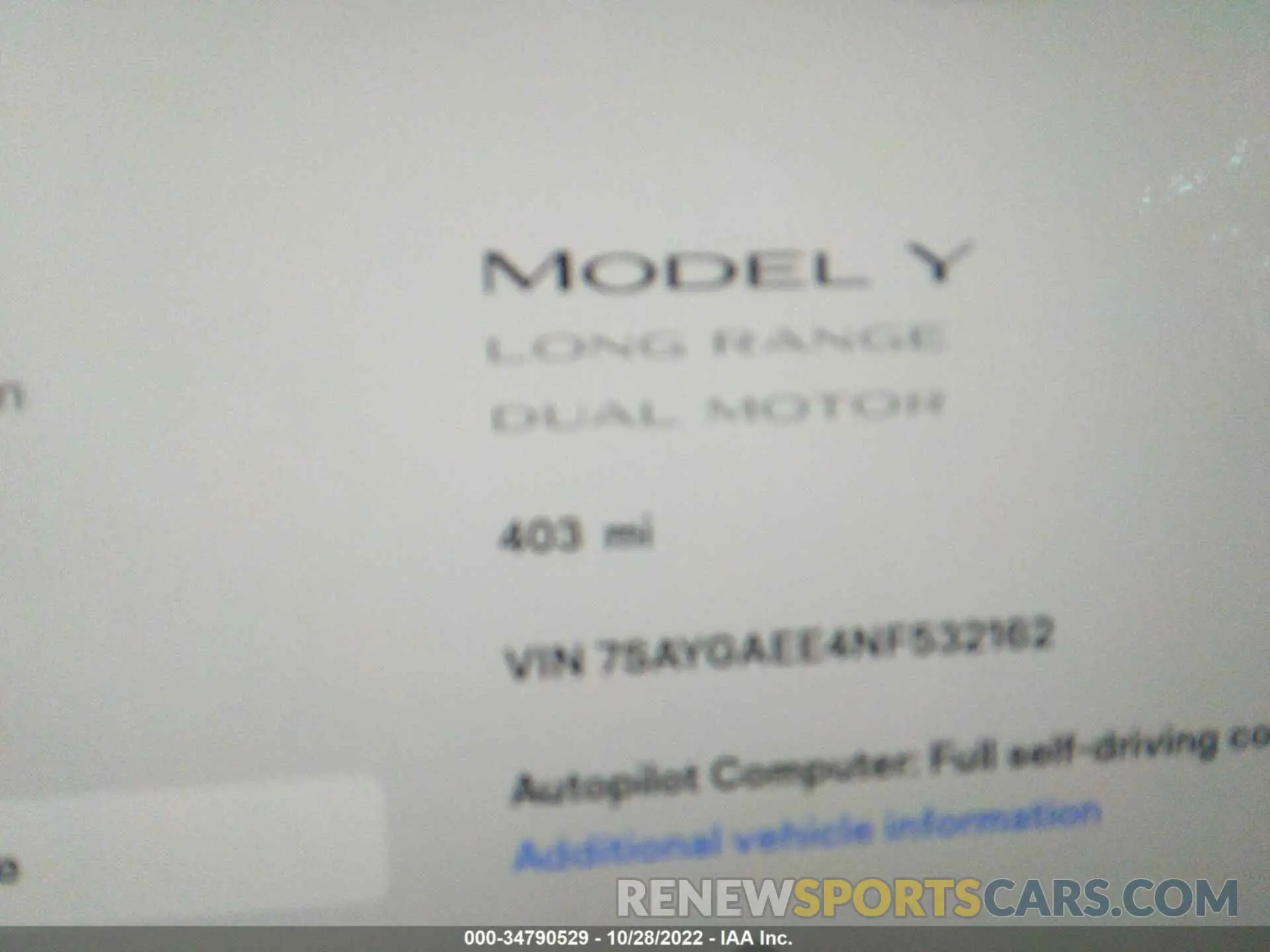 7 fotografías del automóvil dañado 7SAYGAEE4NF532162 TESLA MODEL Y 2022