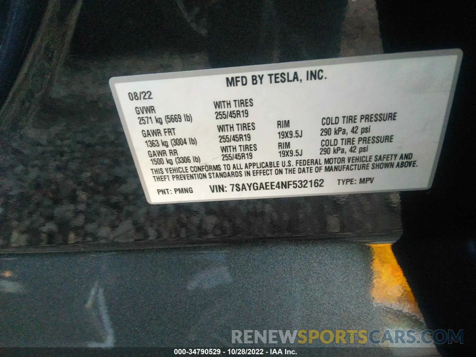 9 fotografías del automóvil dañado 7SAYGAEE4NF532162 TESLA MODEL Y 2022
