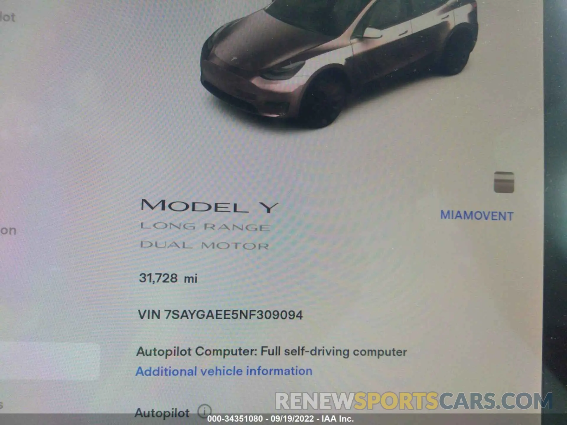 7 fotografías del automóvil dañado 7SAYGAEE5NF309094 TESLA MODEL Y 2022