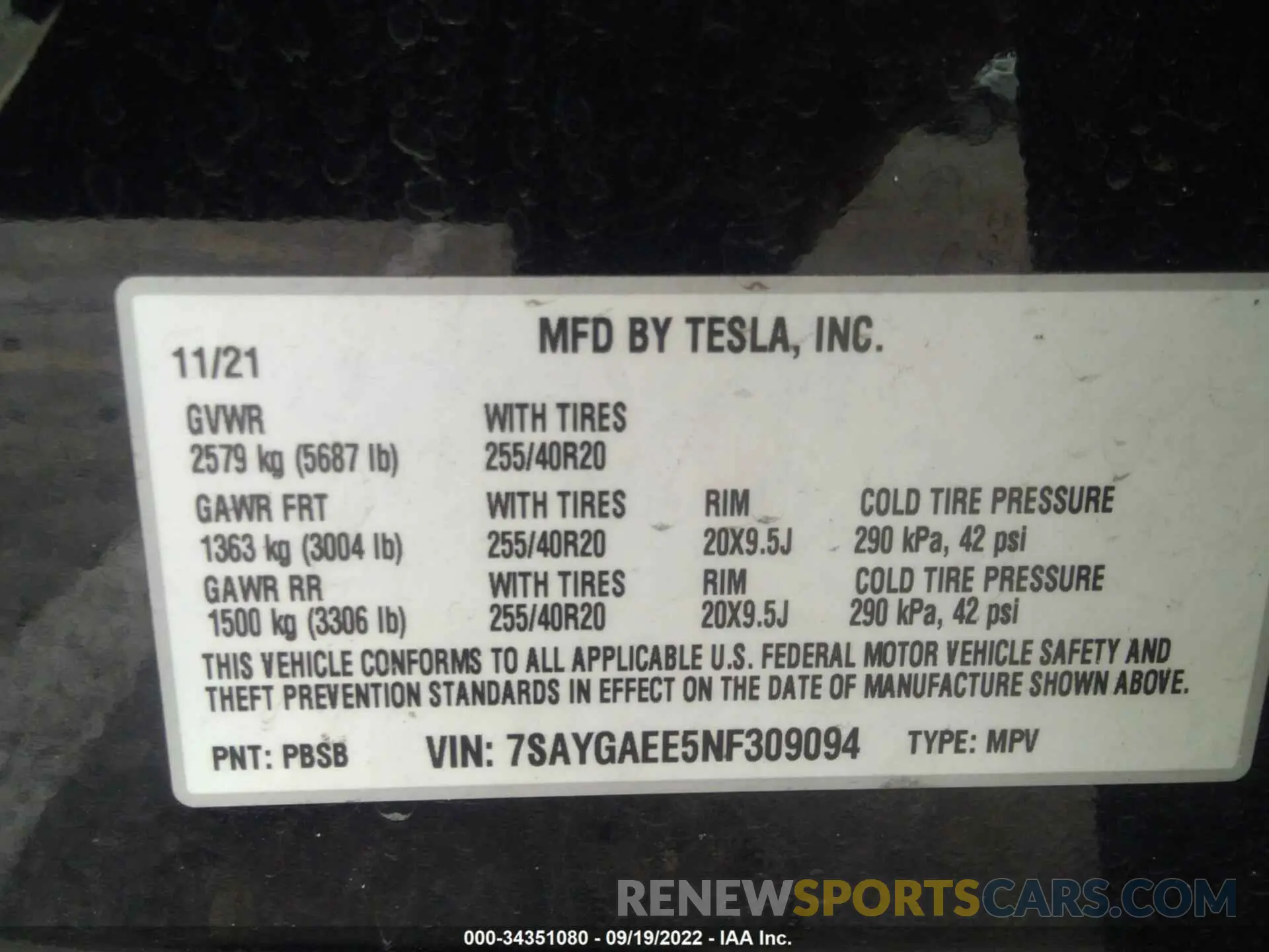 9 fotografías del automóvil dañado 7SAYGAEE5NF309094 TESLA MODEL Y 2022