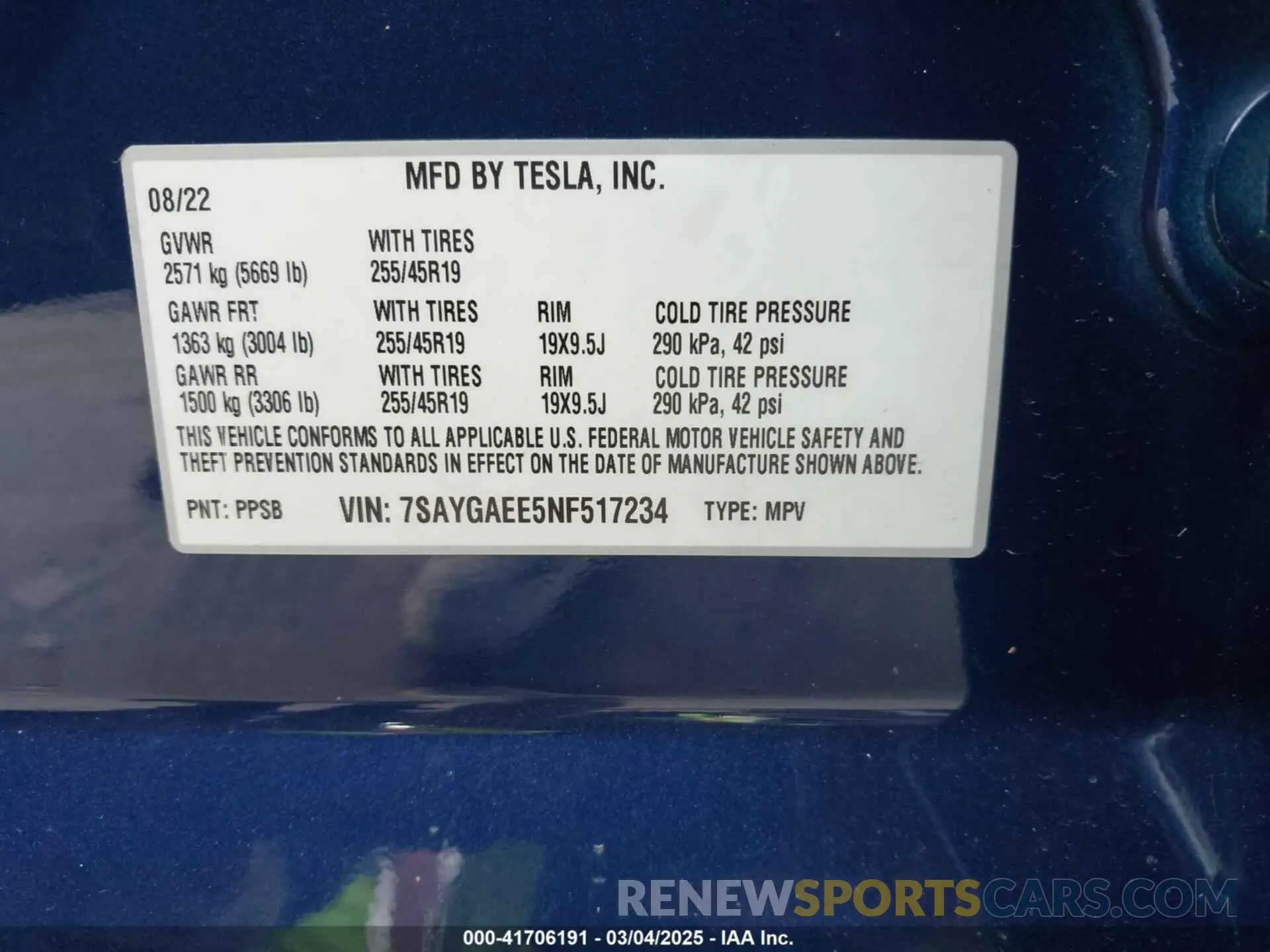 9 fotografías del automóvil dañado 7SAYGAEE5NF517234 TESLA MODEL Y 2022
