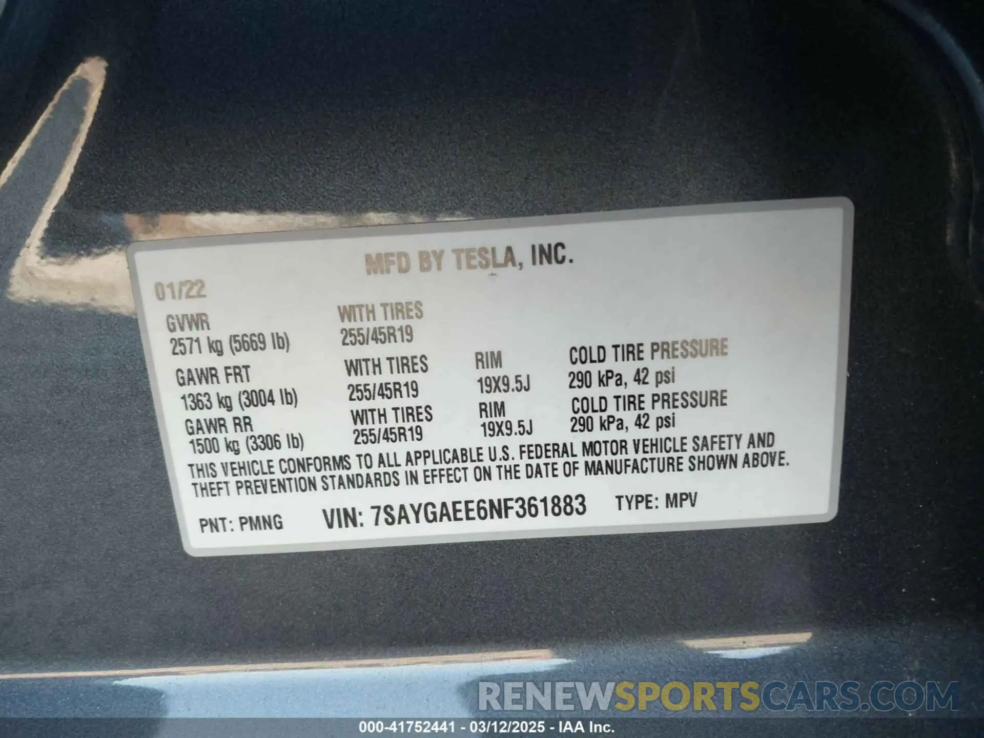 9 fotografías del automóvil dañado 7SAYGAEE6NF361883 TESLA MODEL Y 2022