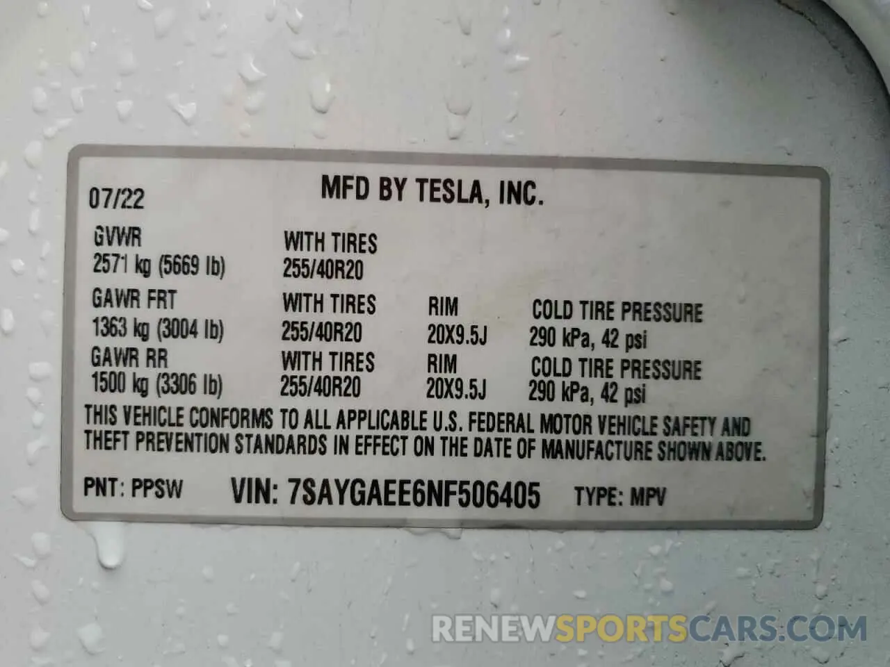 15 fotografías del automóvil dañado 7SAYGAEE6NF506405 TESLA MODEL Y 2022