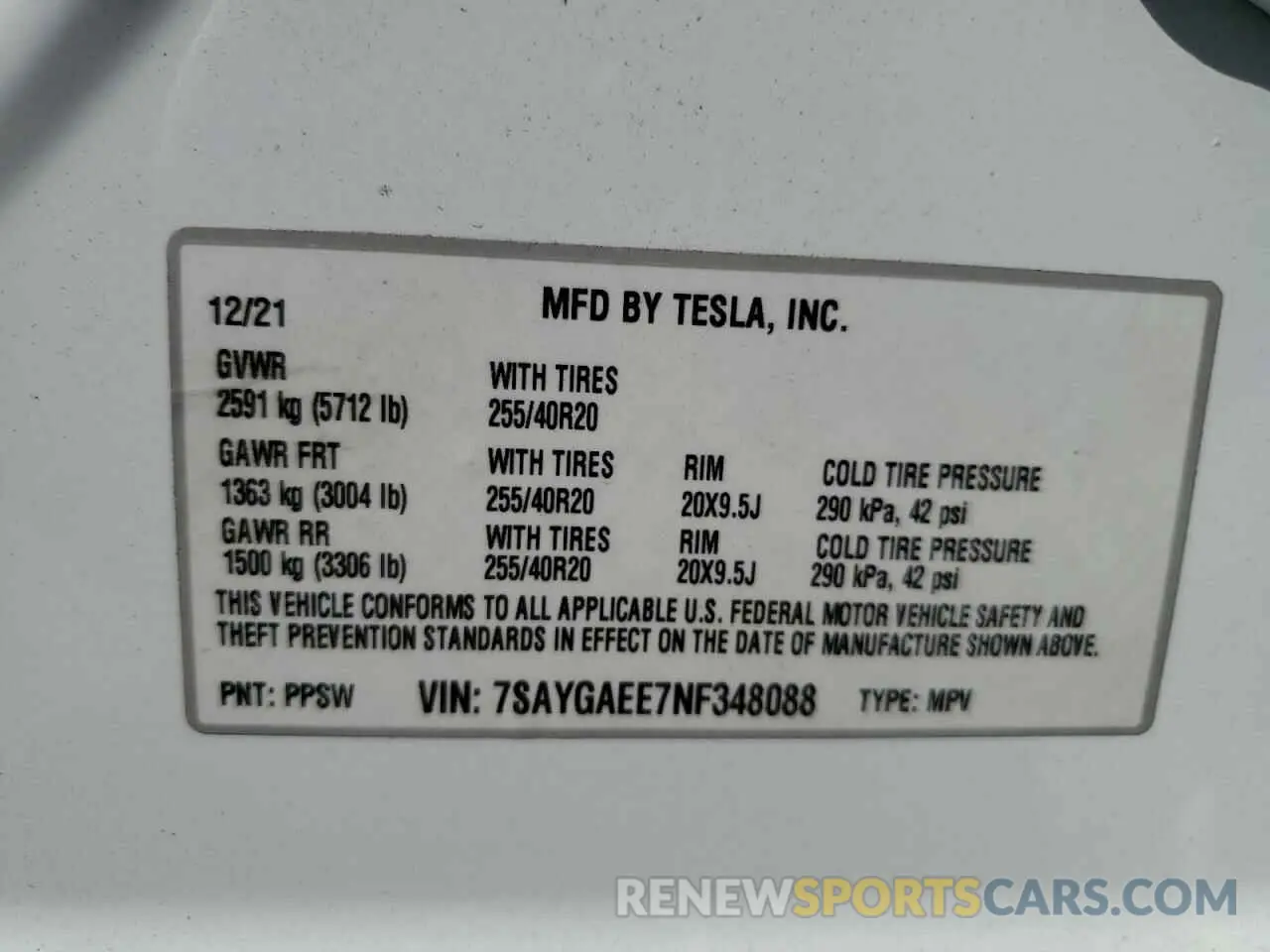 12 fotografías del automóvil dañado 7SAYGAEE7NF348088 TESLA MODEL Y 2022