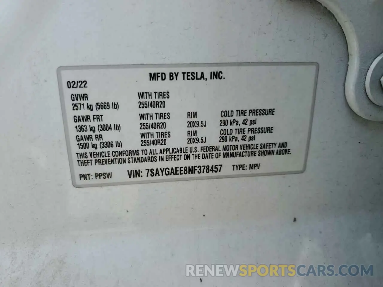 12 fotografías del automóvil dañado 7SAYGAEE8NF378457 TESLA MODEL Y 2022