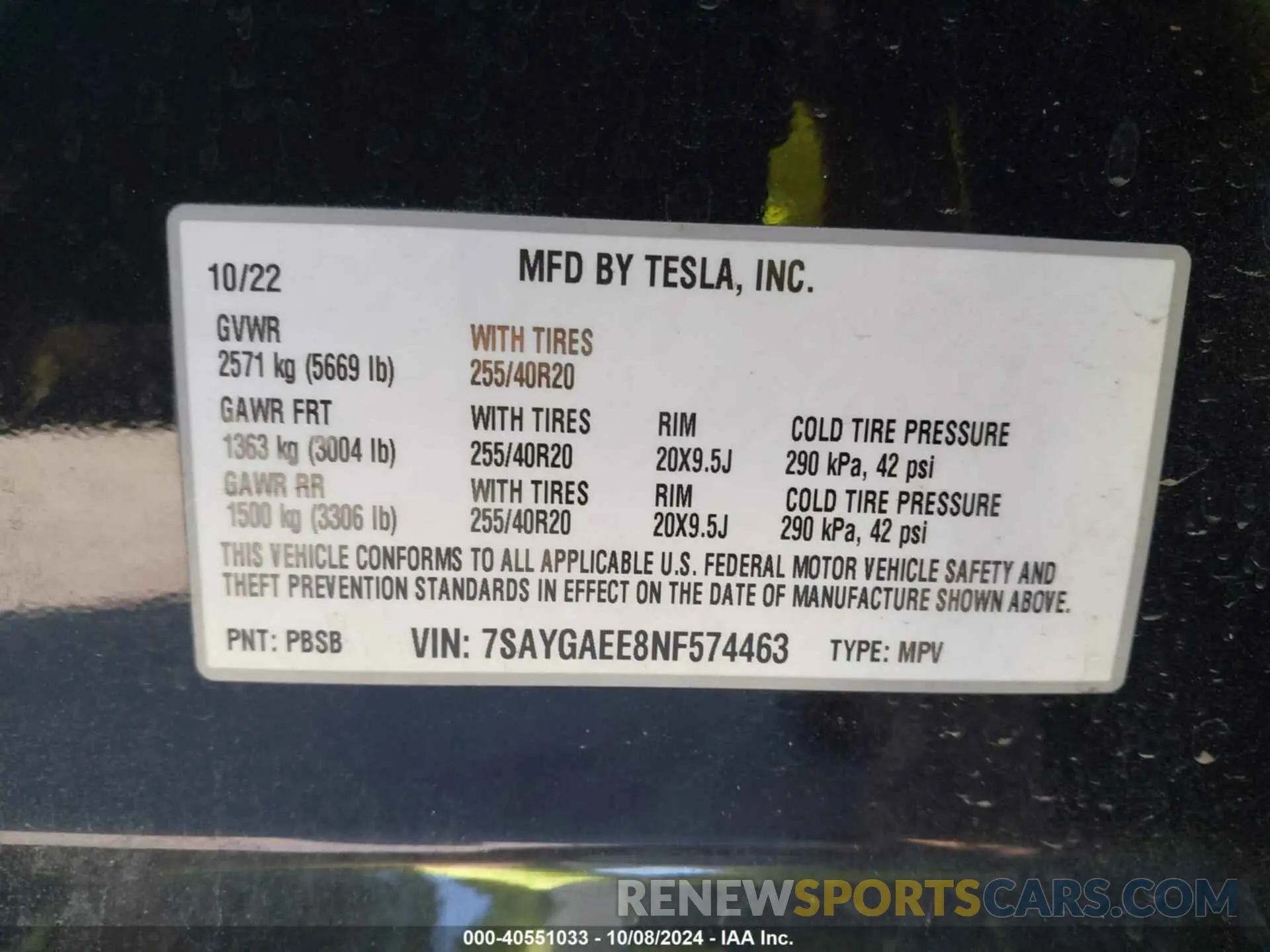 9 fotografías del automóvil dañado 7SAYGAEE8NF574463 TESLA MODEL Y 2022