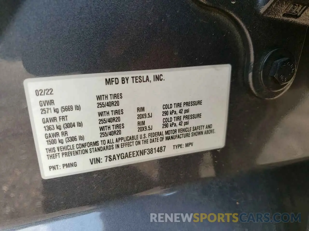 10 fotografías del automóvil dañado 7SAYGAEEXNF381487 TESLA MODEL Y 2022
