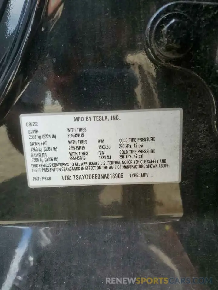 13 fotografías del automóvil dañado 7SAYGDEE0NA018906 TESLA MODEL Y 2022