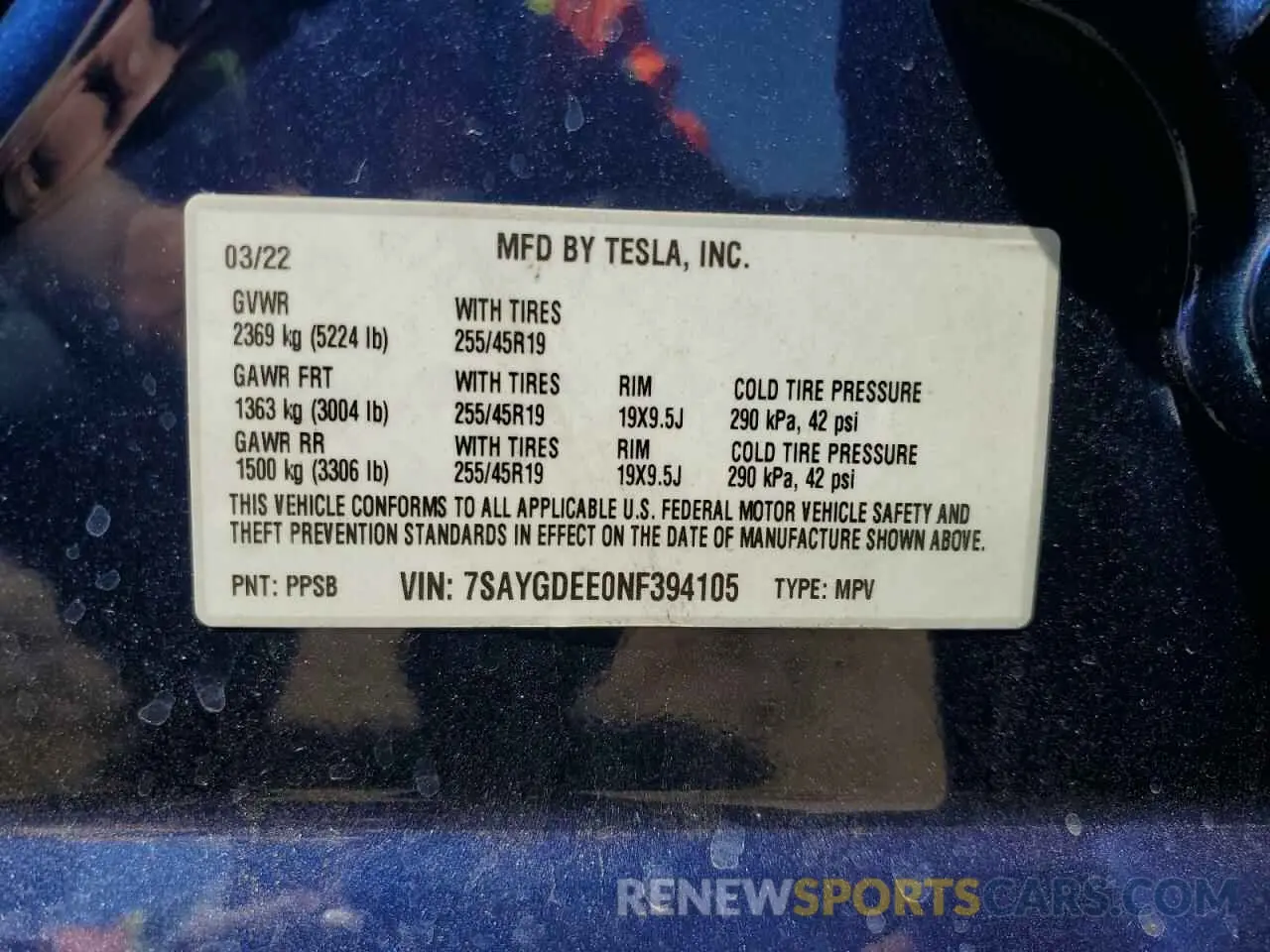 13 fotografías del automóvil dañado 7SAYGDEE0NF394105 TESLA MODEL Y 2022