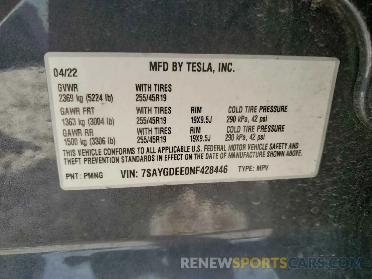 12 fotografías del automóvil dañado 7SAYGDEE0NF428446 TESLA MODEL Y 2022