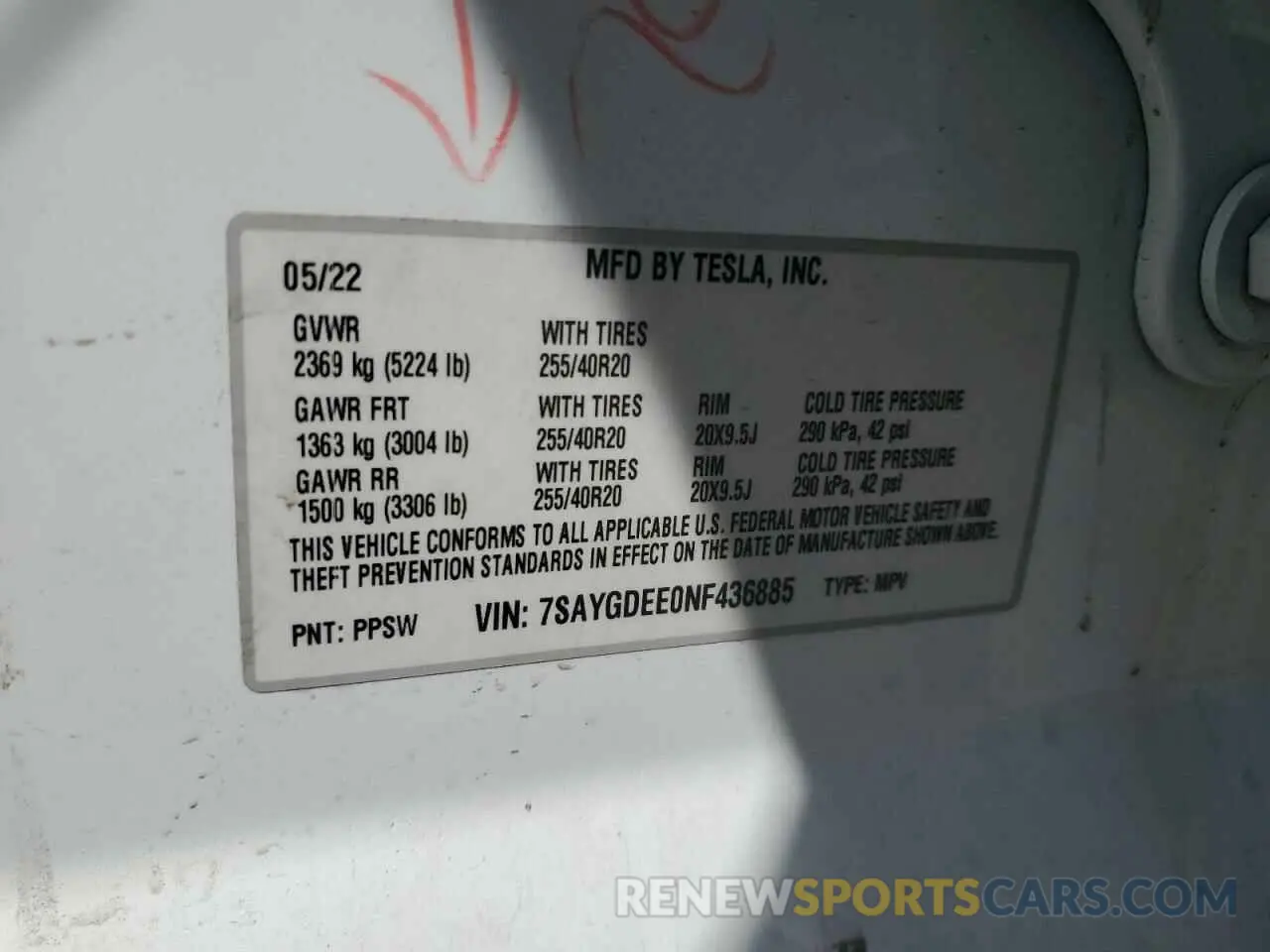 14 fotografías del automóvil dañado 7SAYGDEE0NF436885 TESLA MODEL Y 2022