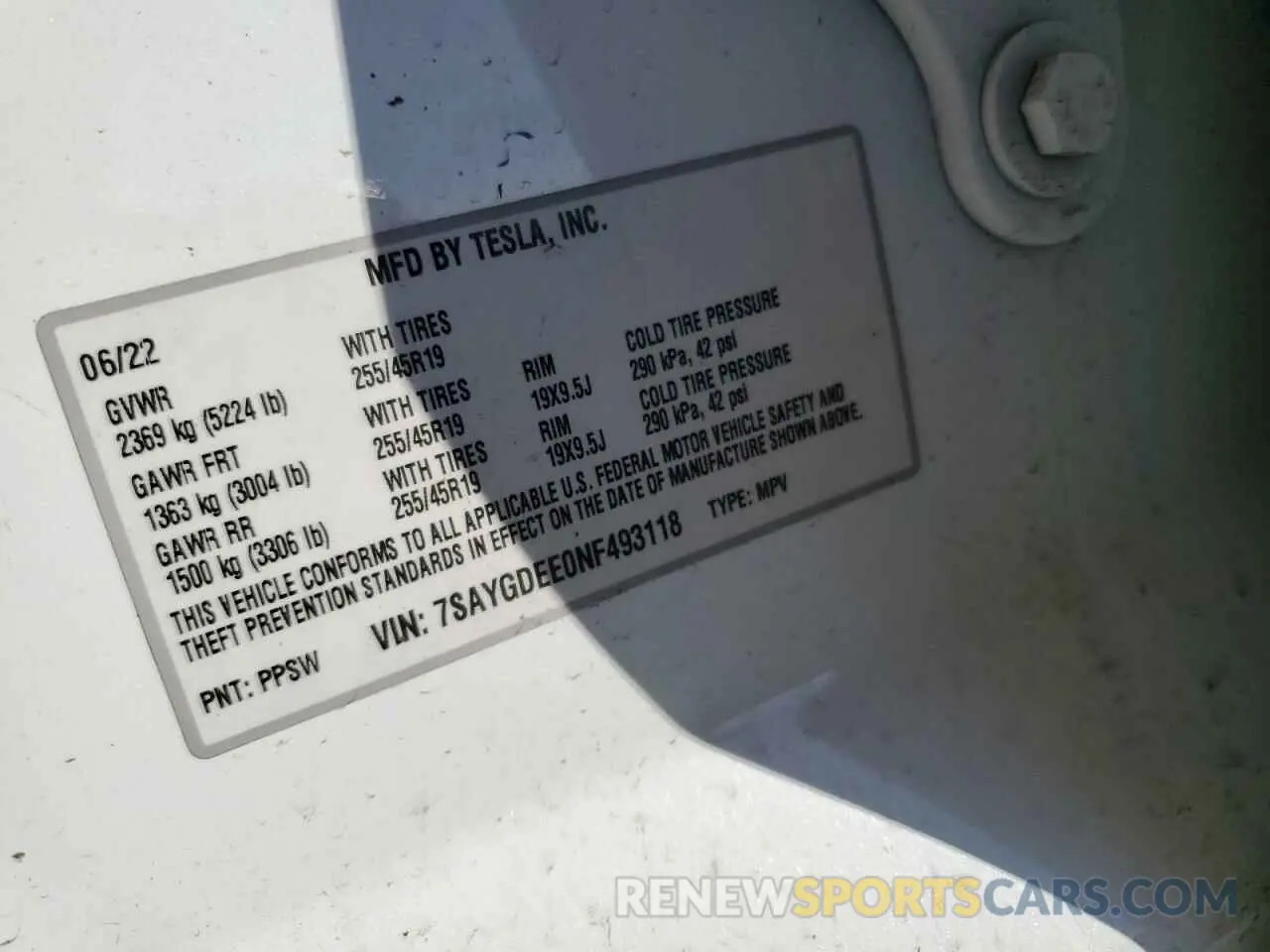14 fotografías del automóvil dañado 7SAYGDEE0NF493118 TESLA MODEL Y 2022
