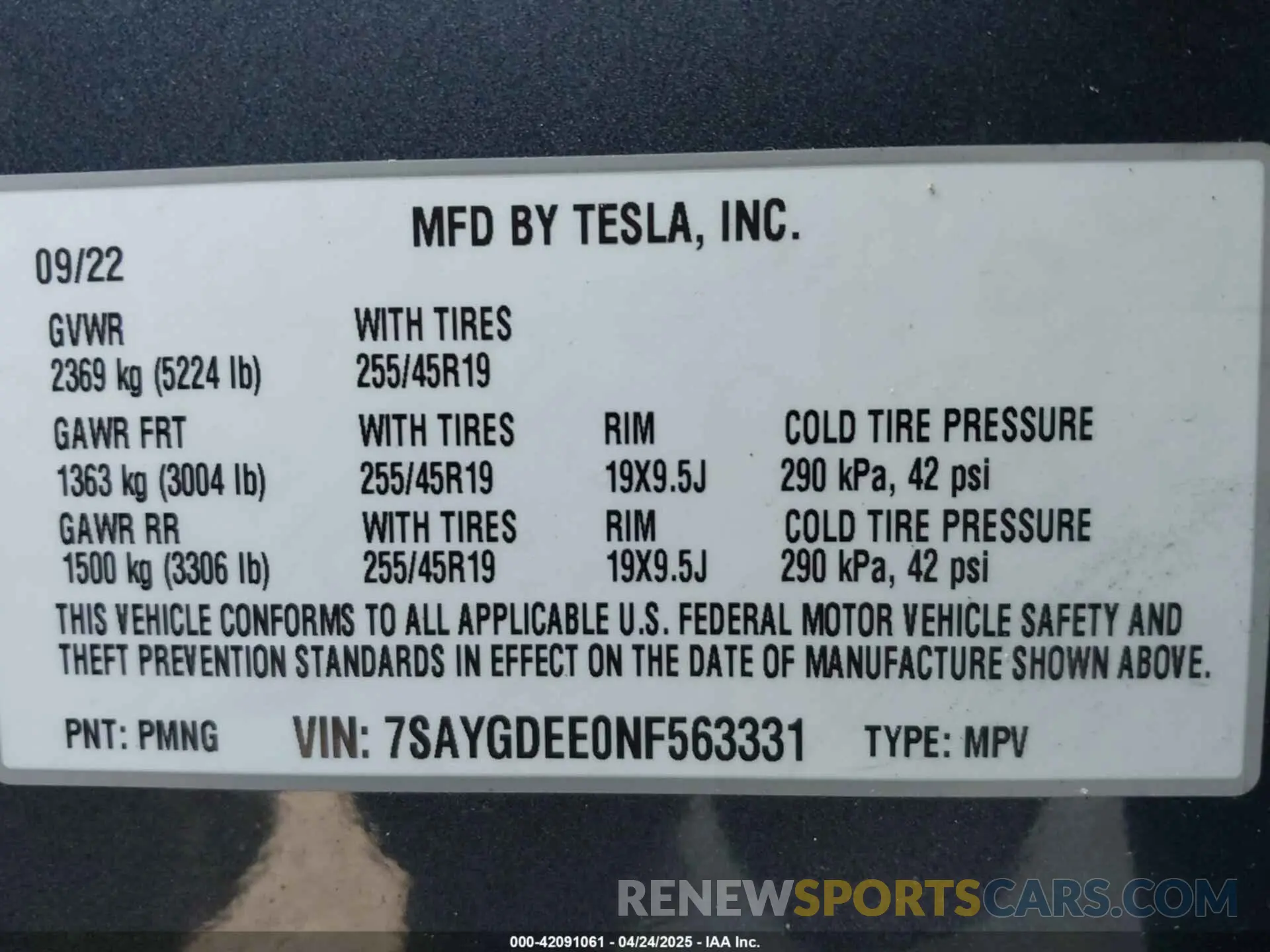 9 fotografías del automóvil dañado 7SAYGDEE0NF563331 TESLA MODEL Y 2022