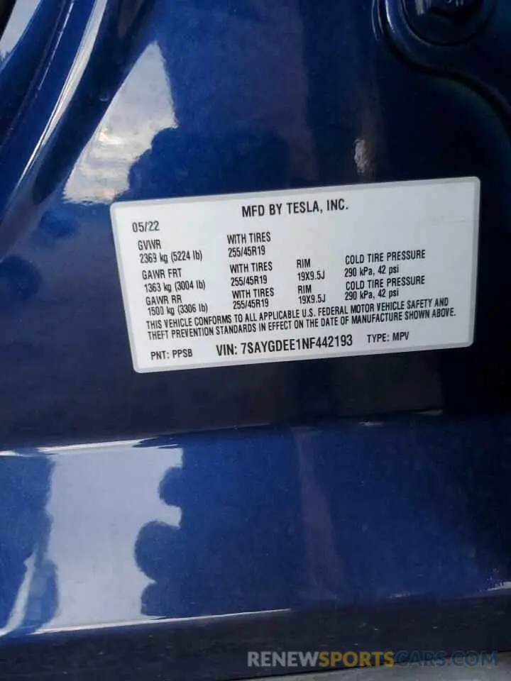 12 fotografías del automóvil dañado 7SAYGDEE1NF442193 TESLA MODEL Y 2022