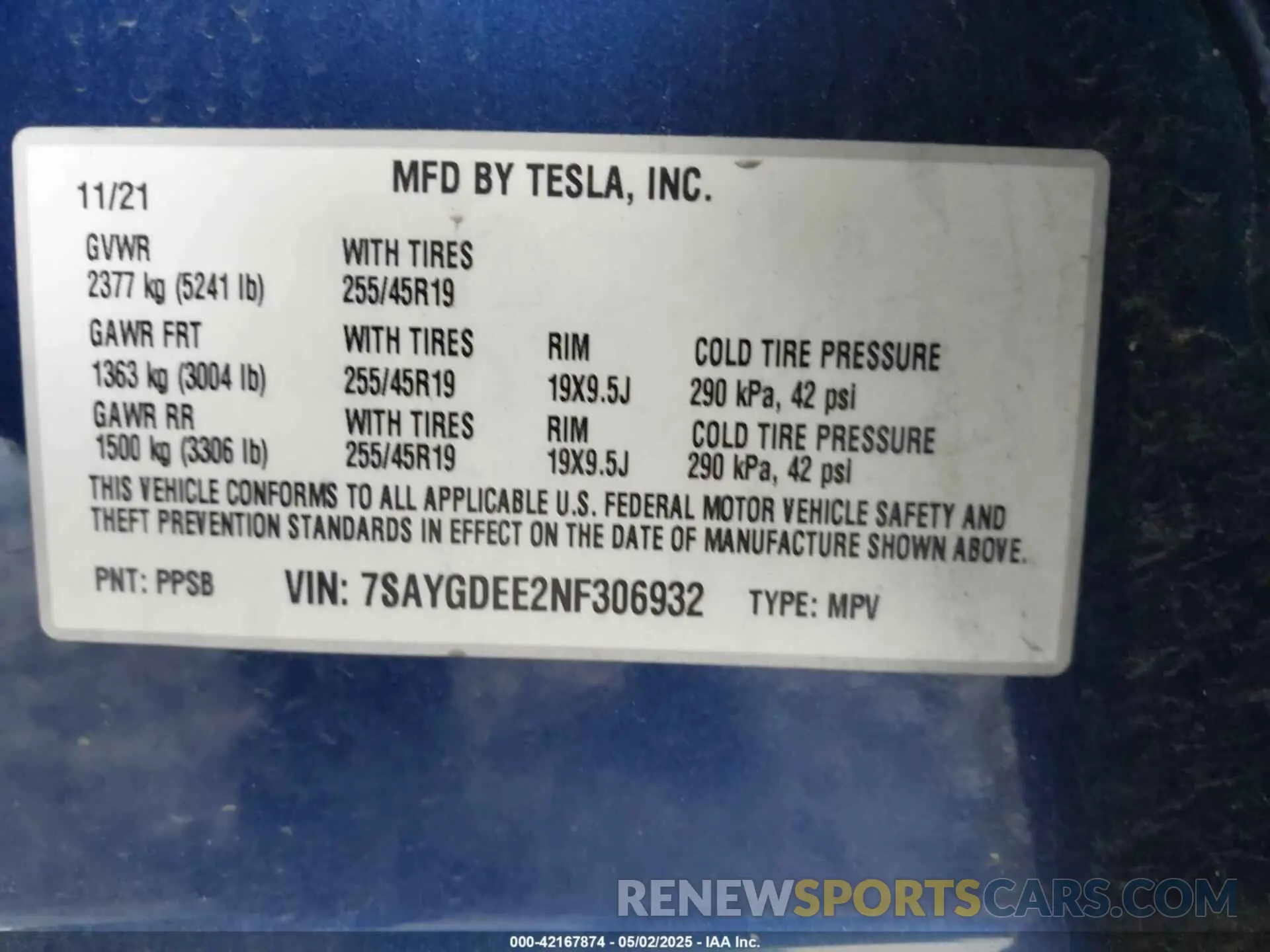 9 fotografías del automóvil dañado 7SAYGDEE2NF306932 TESLA MODEL Y 2022