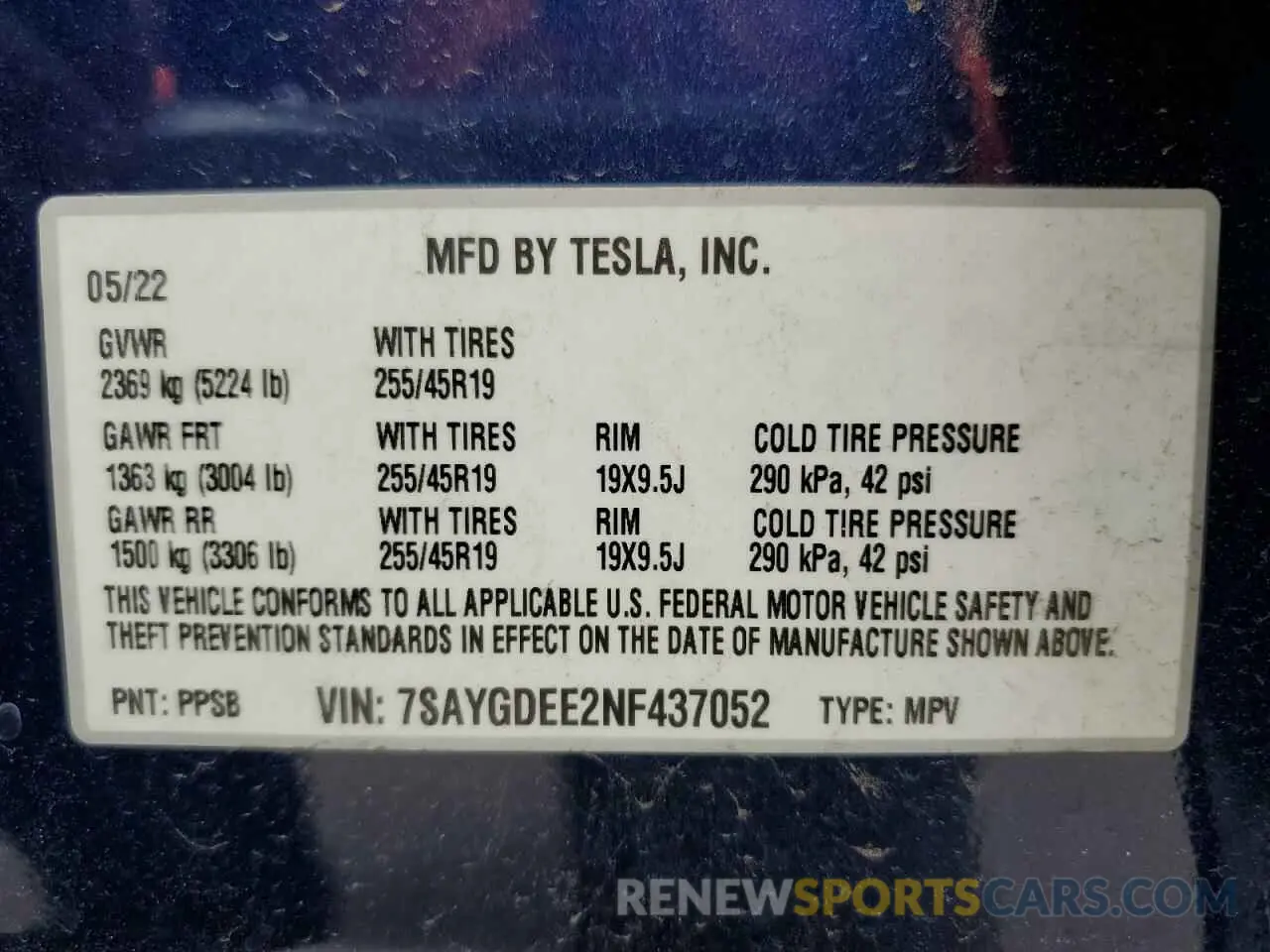 10 fotografías del automóvil dañado 7SAYGDEE2NF437052 TESLA MODEL Y 2022