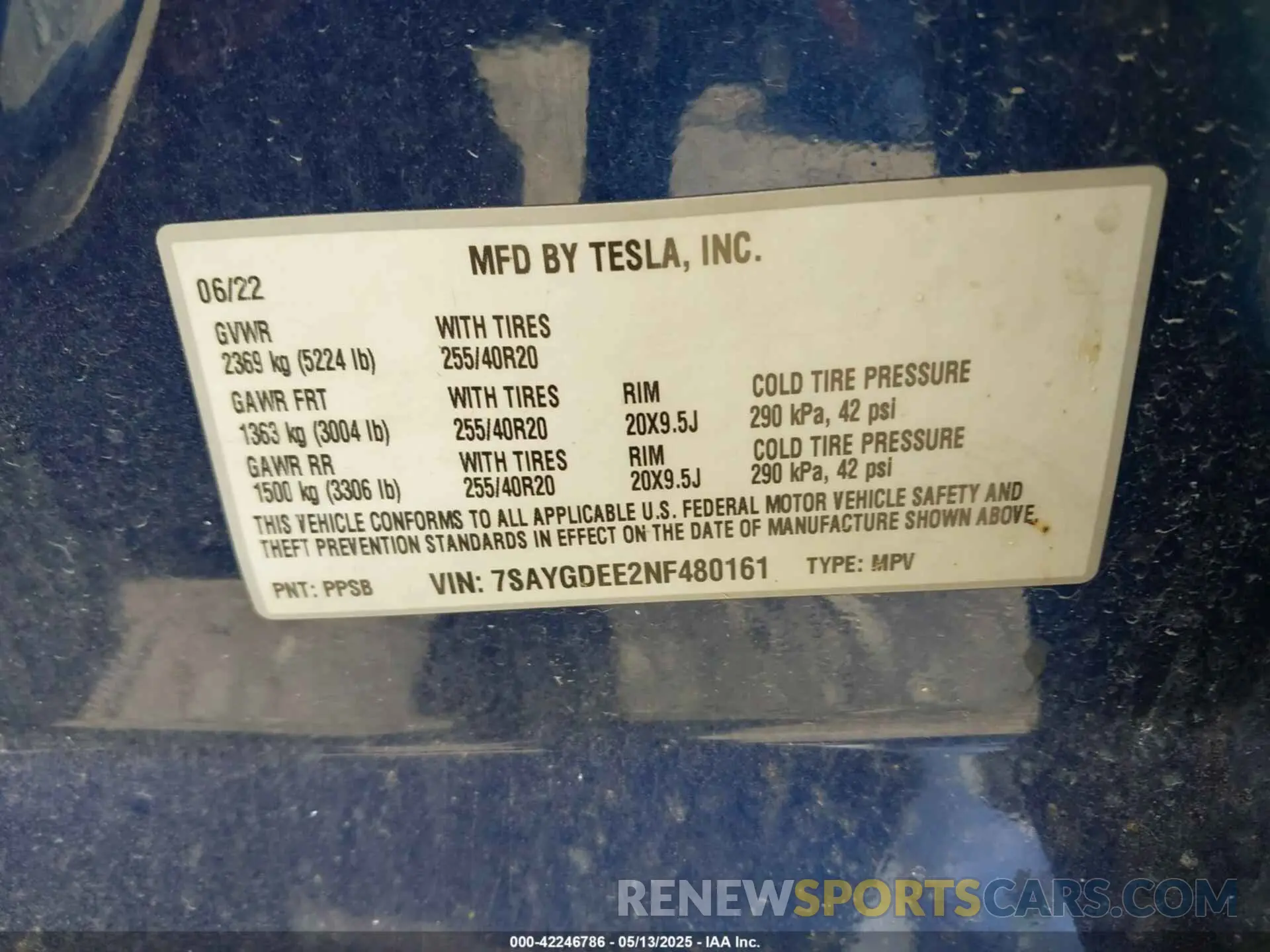 9 fotografías del automóvil dañado 7SAYGDEE2NF480161 TESLA MODEL Y 2022
