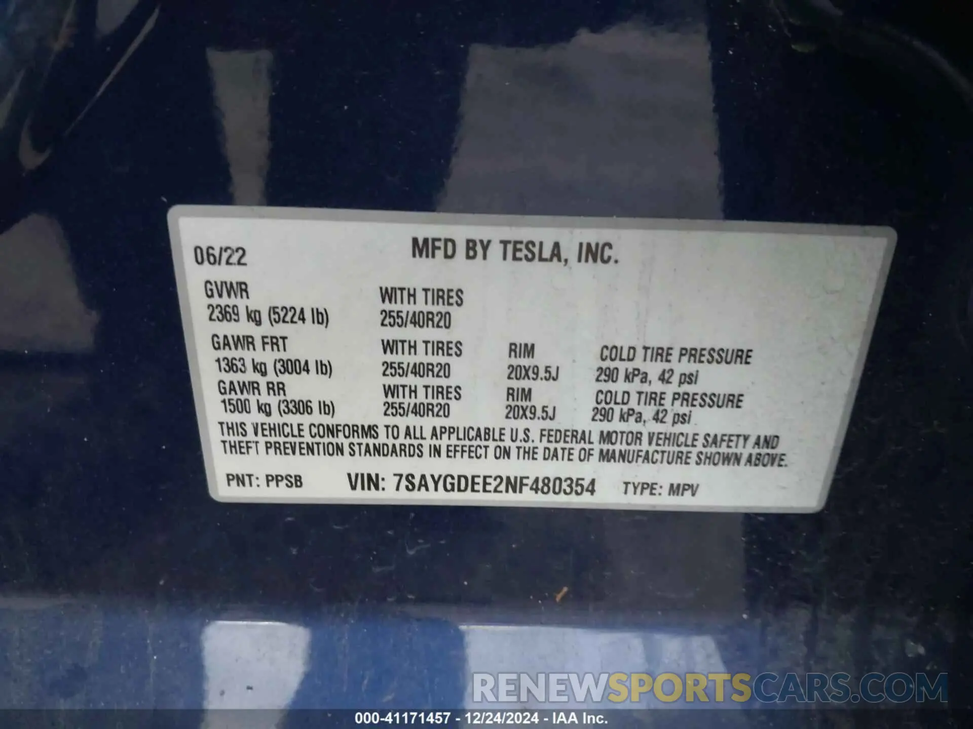 9 fotografías del automóvil dañado 7SAYGDEE2NF480354 TESLA MODEL Y 2022