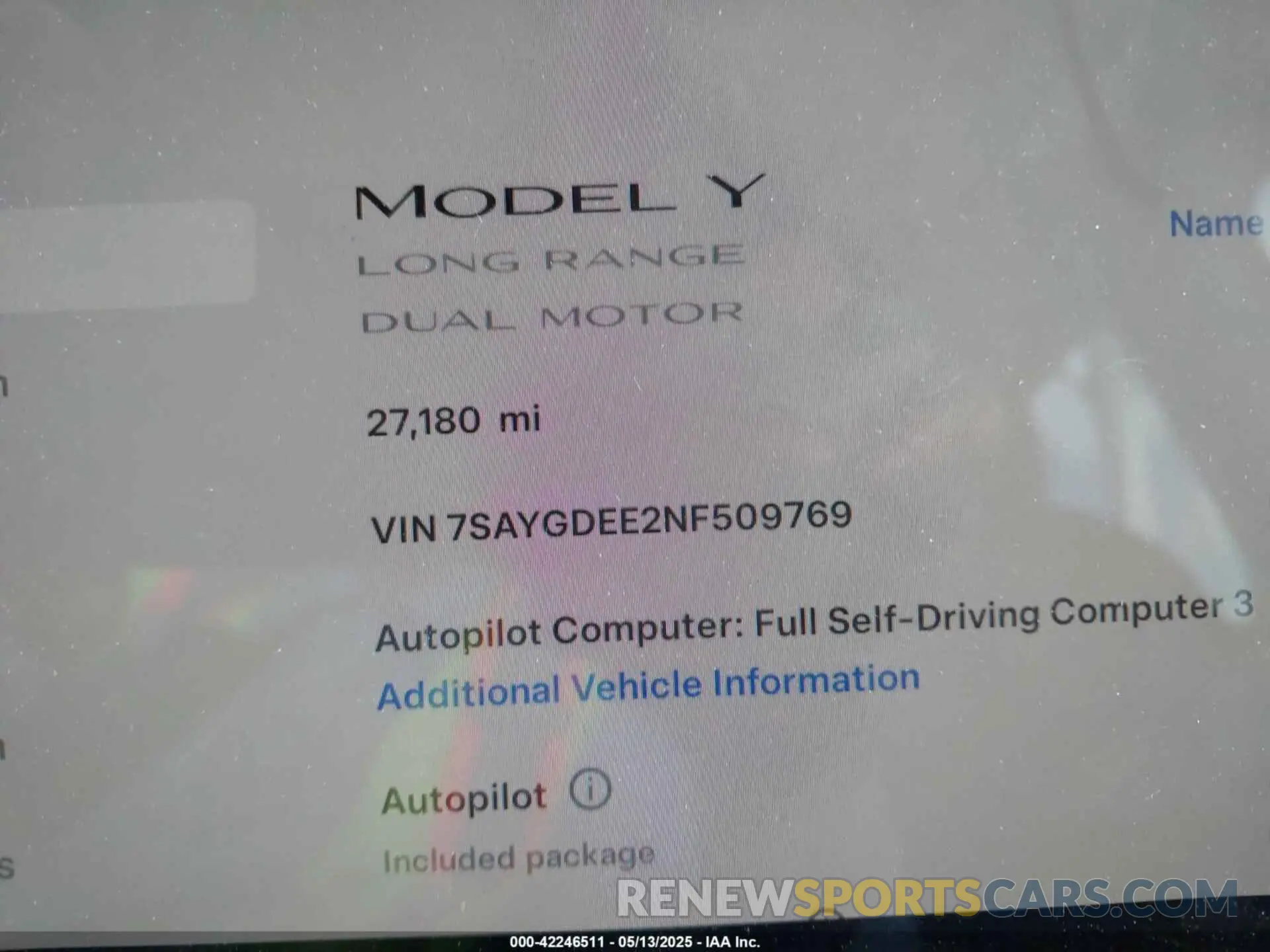15 fotografías del automóvil dañado 7SAYGDEE2NF509769 TESLA MODEL Y 2022