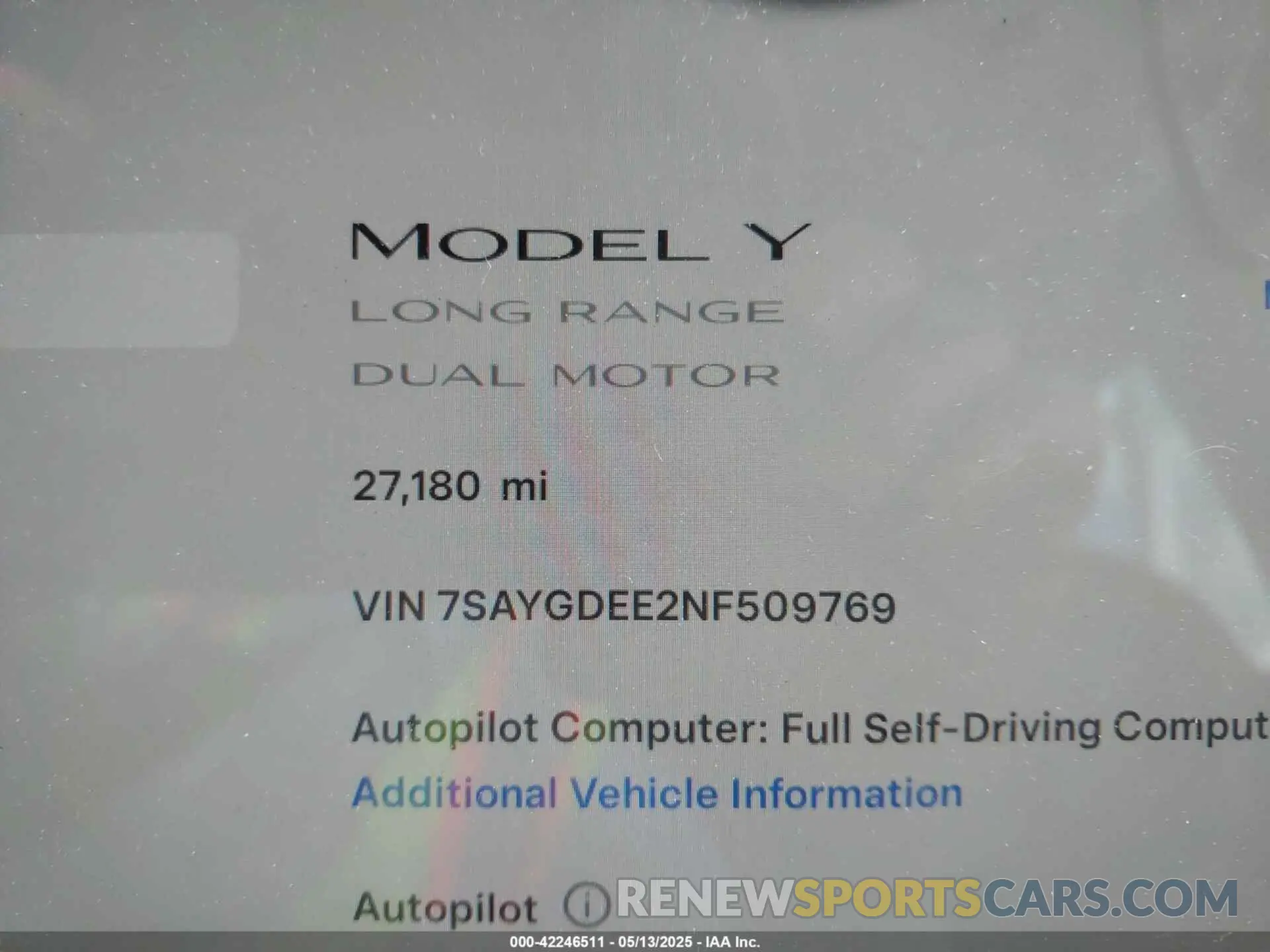 7 fotografías del automóvil dañado 7SAYGDEE2NF509769 TESLA MODEL Y 2022