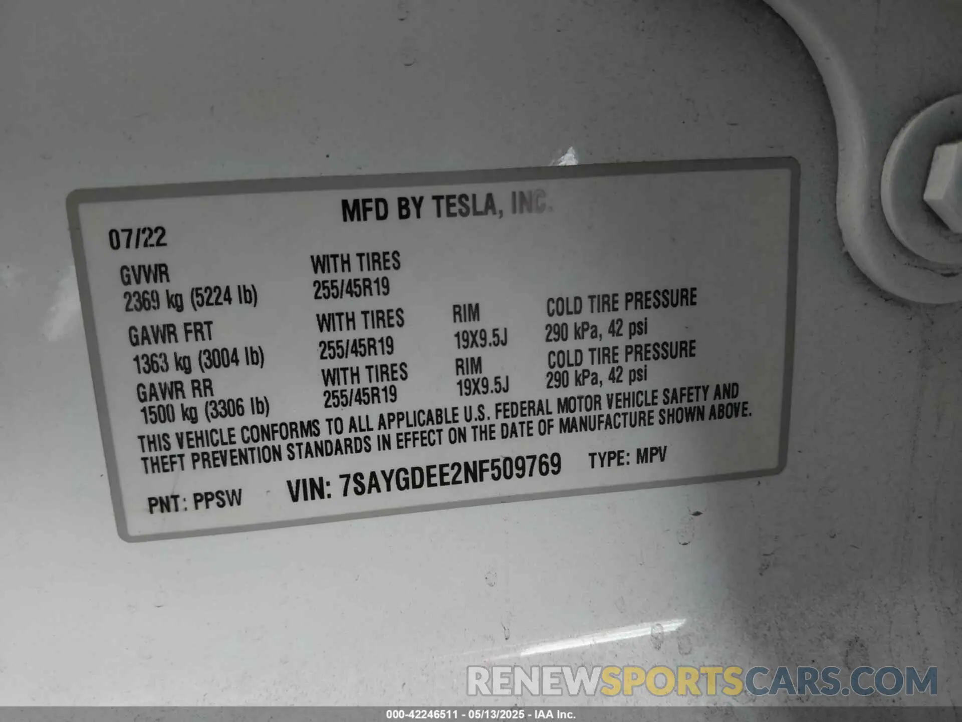9 fotografías del automóvil dañado 7SAYGDEE2NF509769 TESLA MODEL Y 2022
