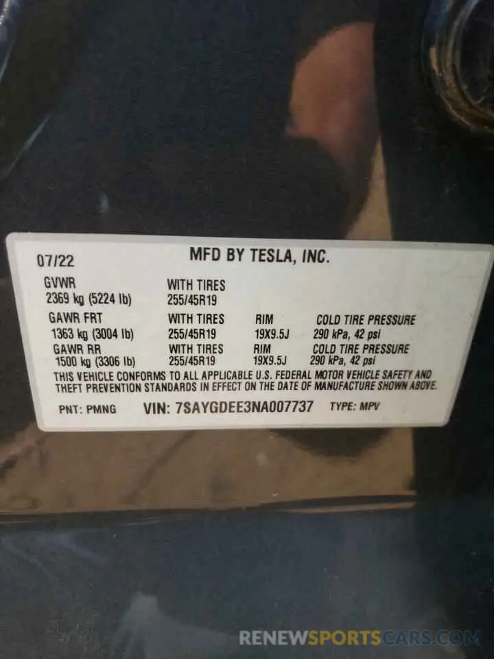13 fotografías del automóvil dañado 7SAYGDEE3NA007737 TESLA MODEL Y 2022