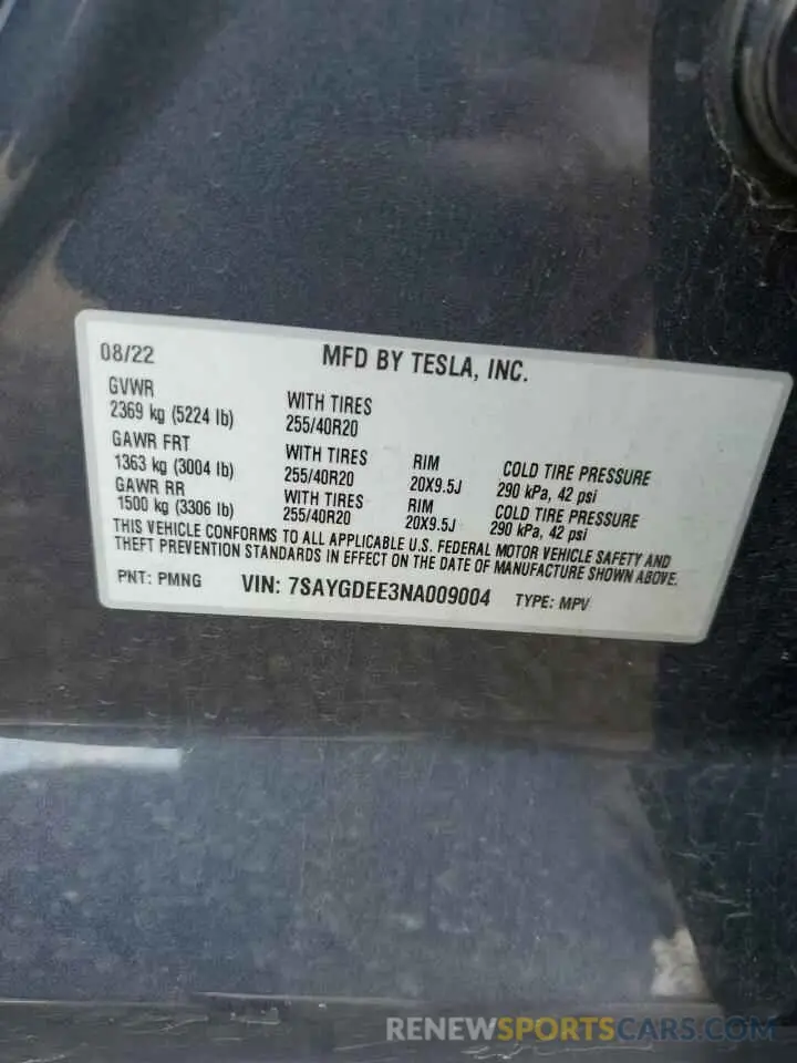 12 fotografías del automóvil dañado 7SAYGDEE3NA009004 TESLA MODEL Y 2022