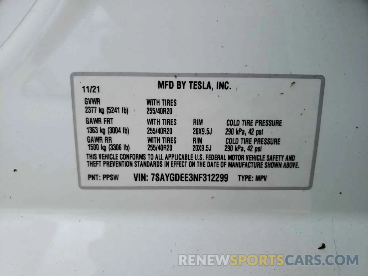 10 fotografías del automóvil dañado 7SAYGDEE3NF312299 TESLA MODEL Y 2022